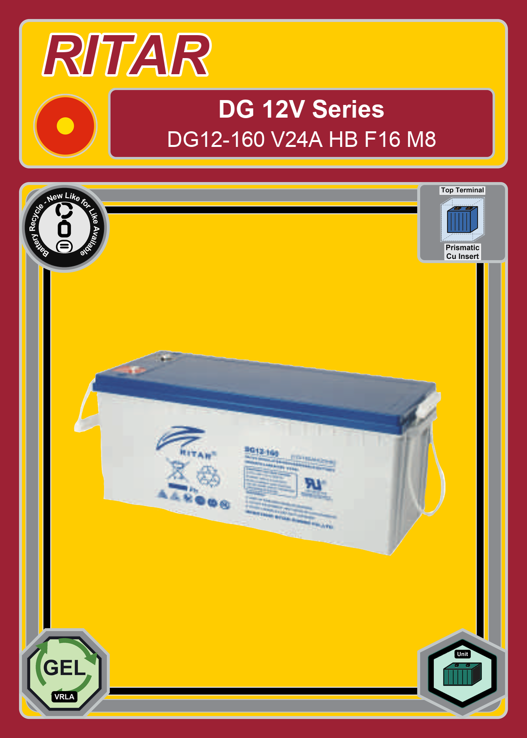 Battery Recycle Ritar DG Series DG12 160 V24A HB F16 M8