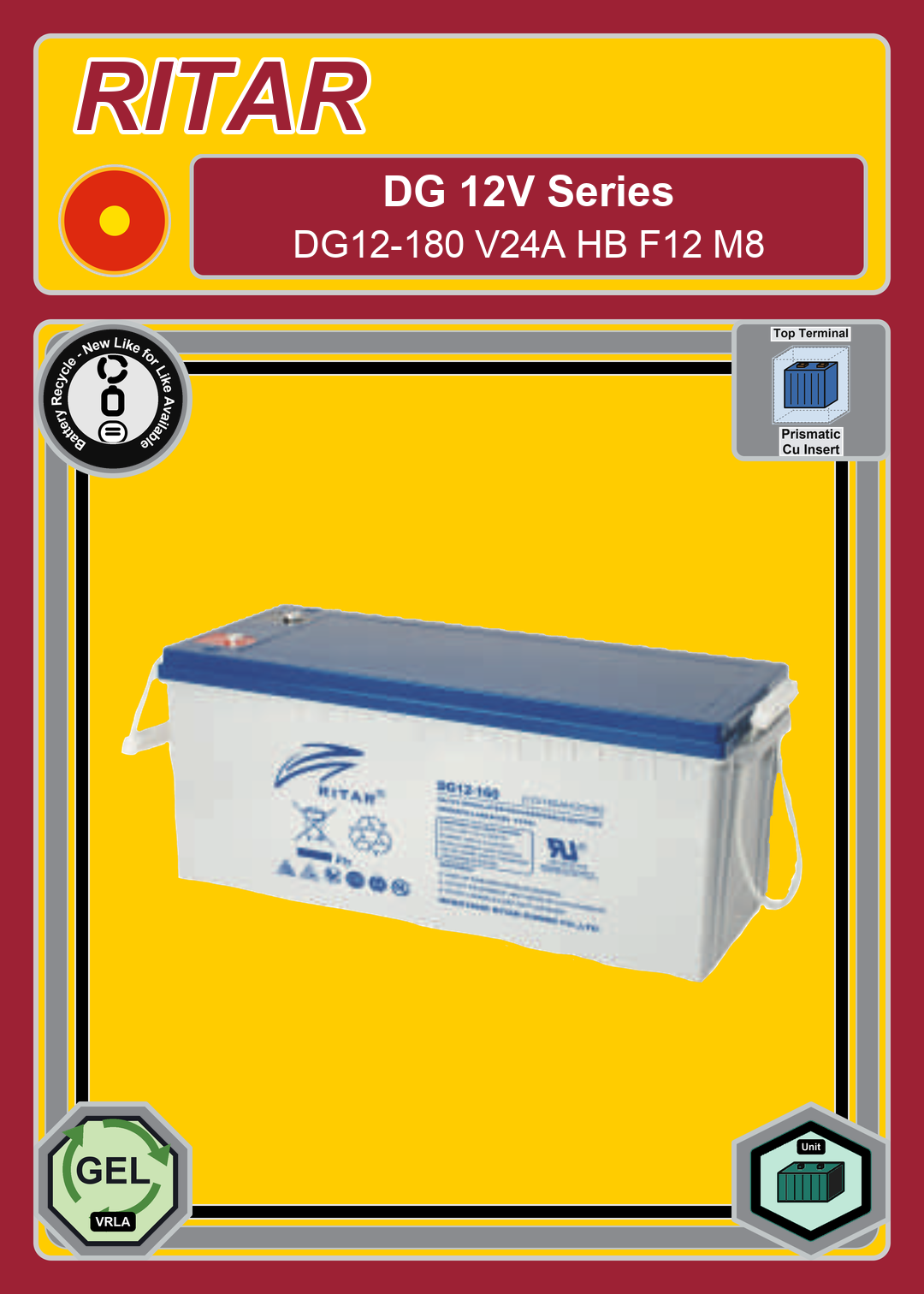 Battery Recycle Ritar DG Series DG12 180 V24A HB F12 M8