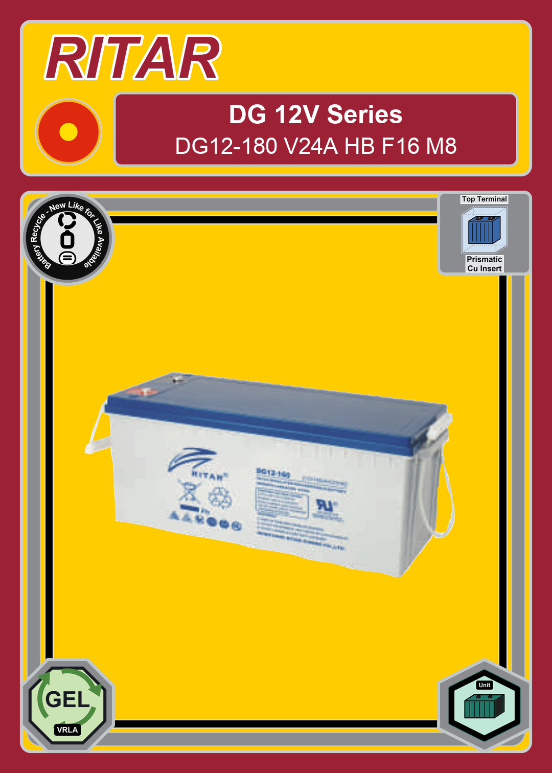 Battery Recycle Ritar DG Series DG12 180 V24A HB F16 M8