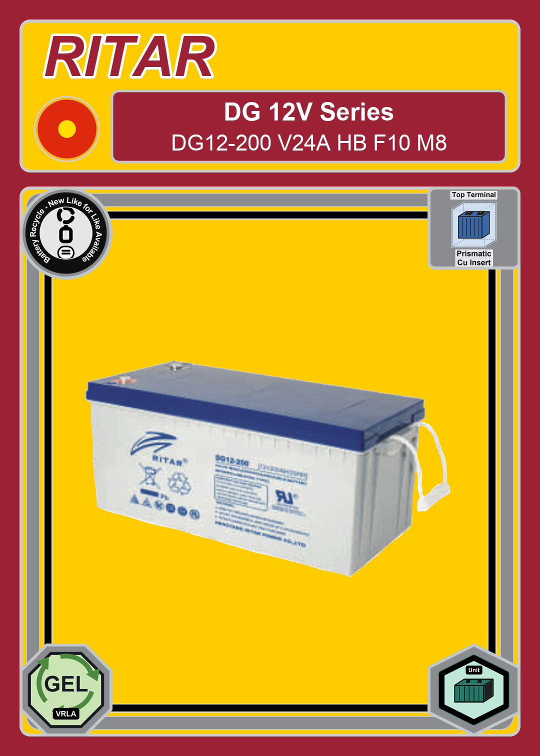 Battery Recycle Ritar DG Series DG12 200 V24A HB F10 M8