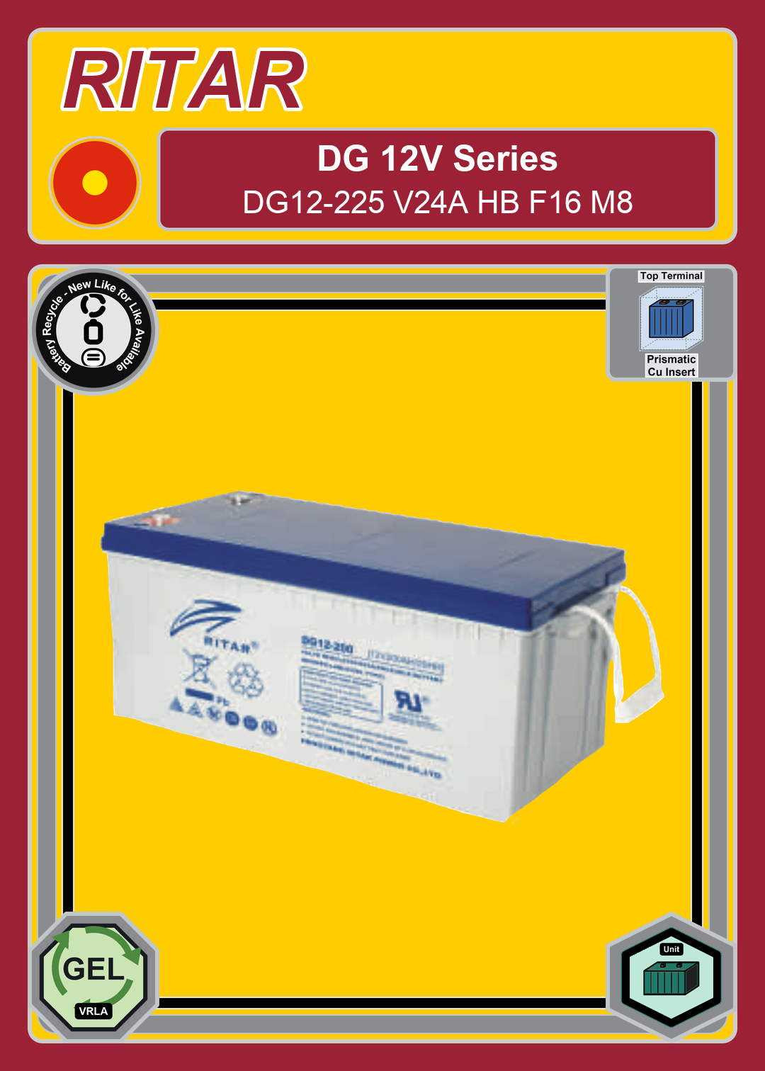 Battery Recycle Ritar DG Series DG12 225 V24A HB F16 M8