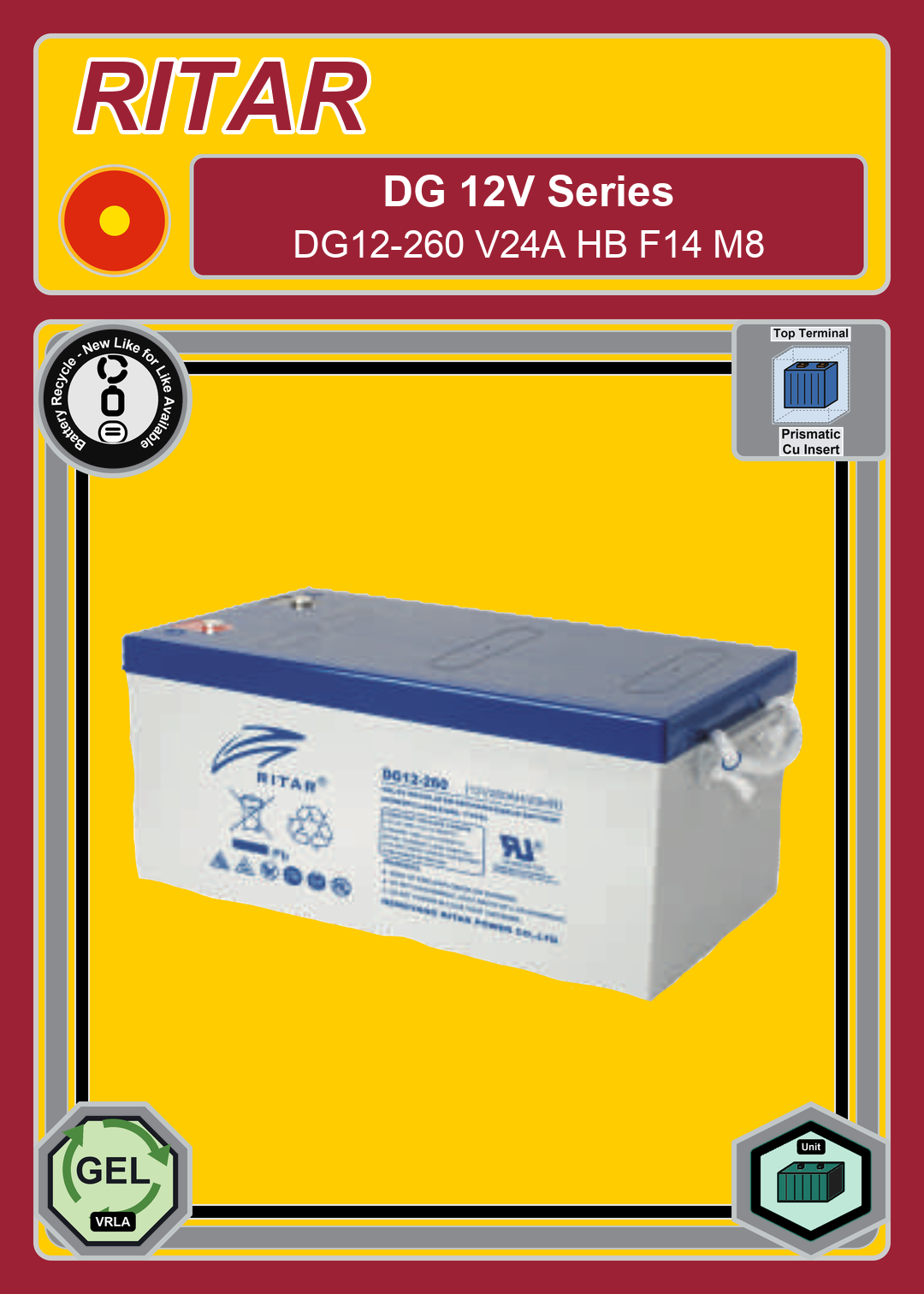 Battery Recycle Ritar DG Series DG12 260 V24A HB F14 M8