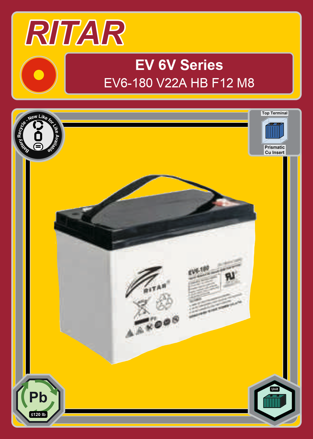 Battery Recycle Ritar EV Series EV6 180 V22A HB F12 M8