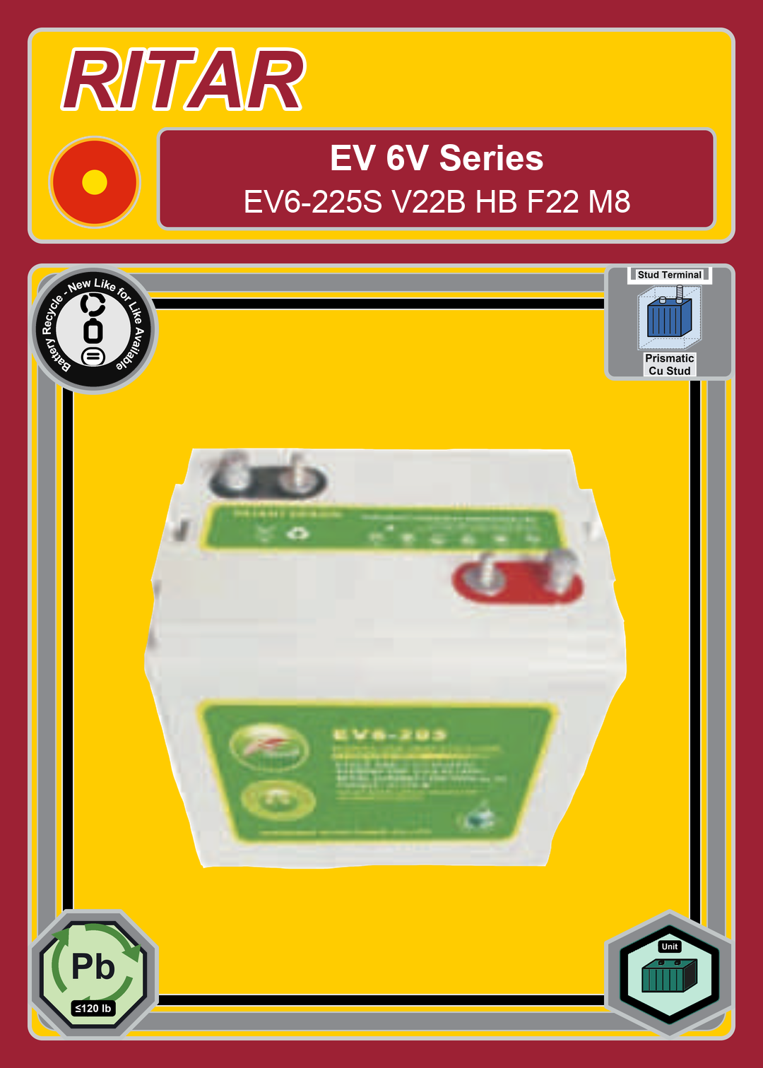 Battery Recycle Ritar EV Series EV6 225S V22B HB F22 M8
