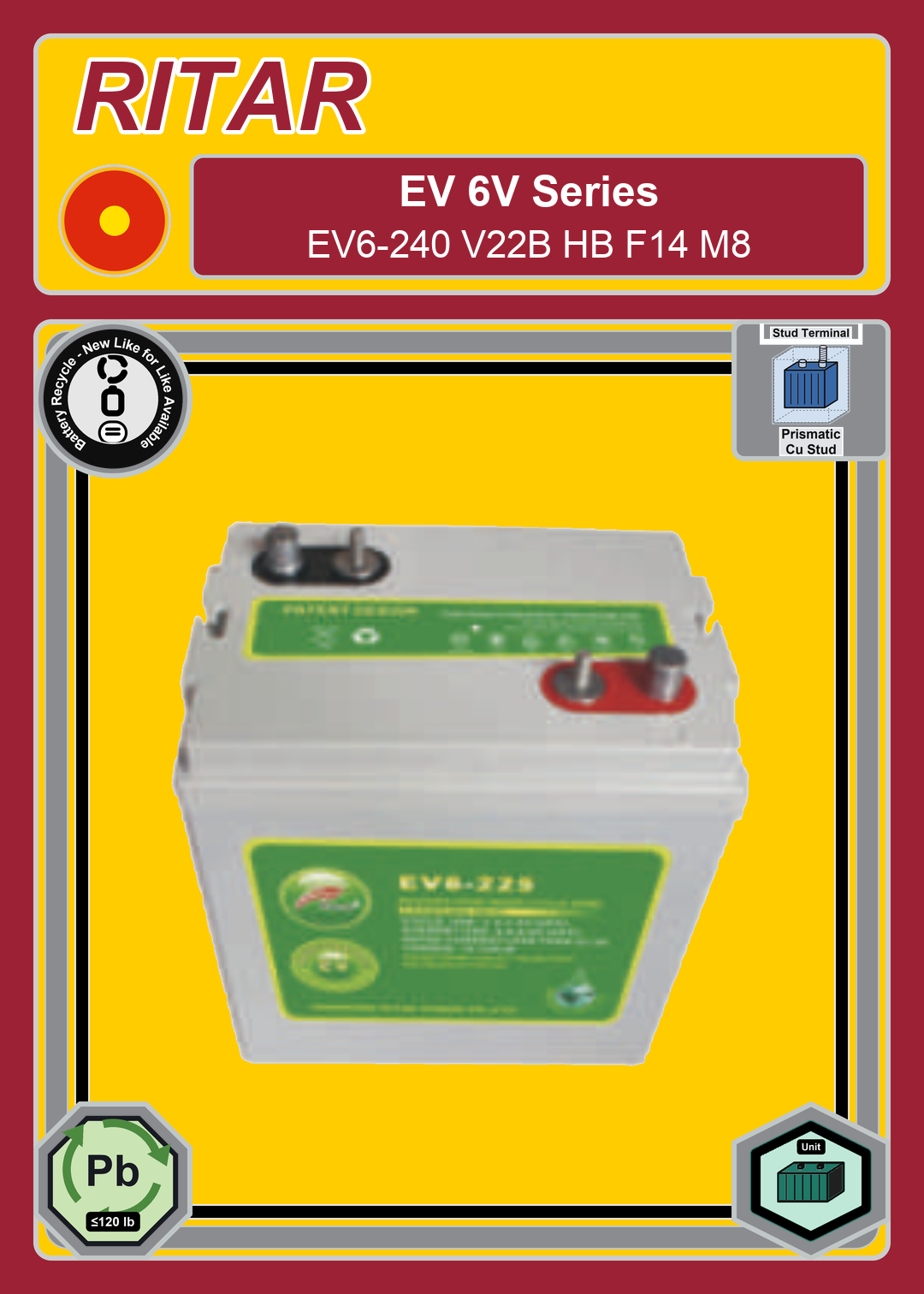 Battery Recycle Ritar EV Series EV6 240 V22B HB F14 M8