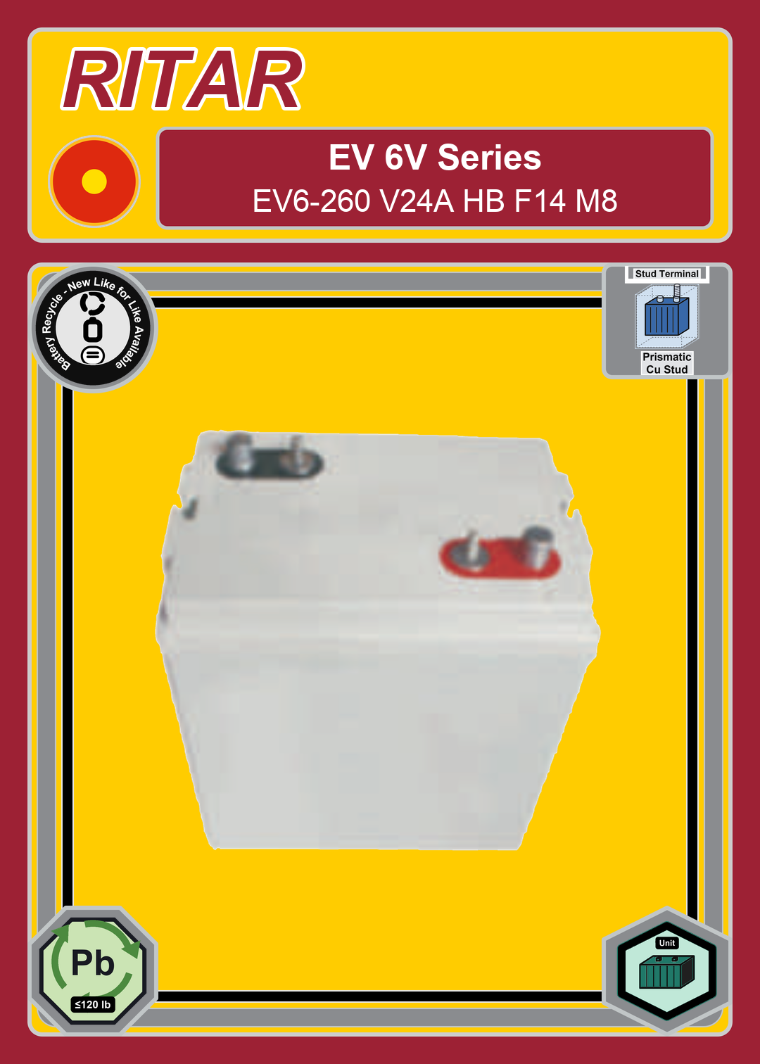 Battery Recycle Ritar EV Series EV6 260 V24A HB F14 M8