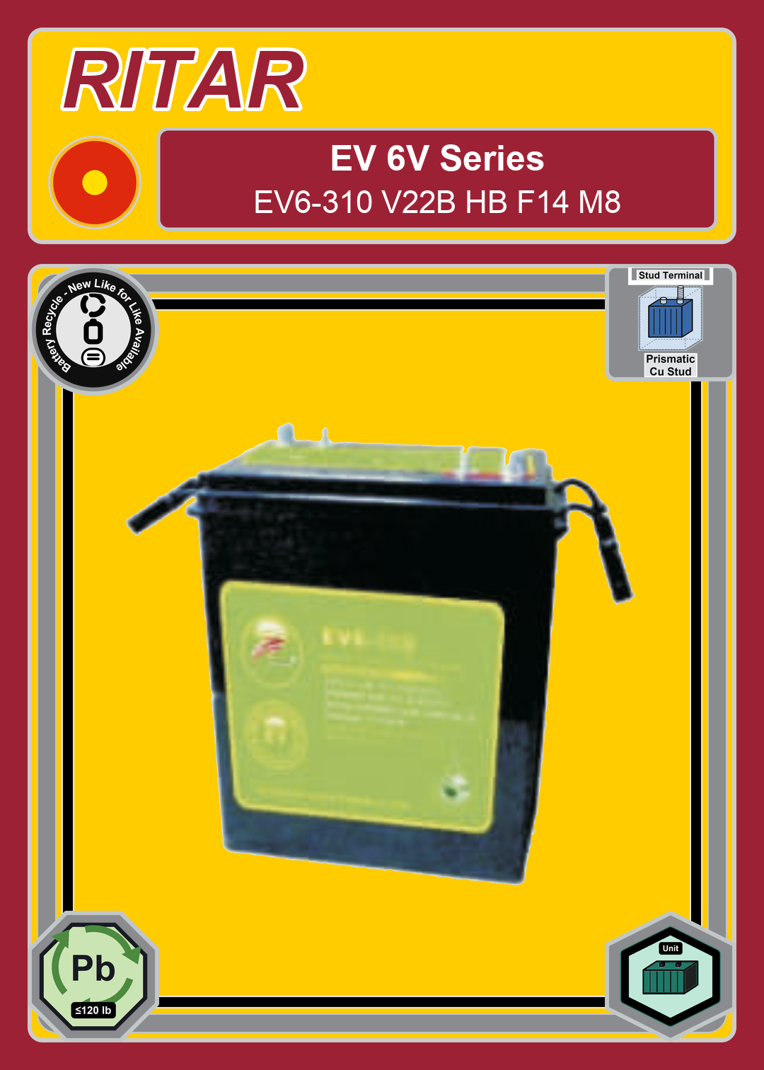 Battery Recycle Ritar EV Series EV6 310 V22B HB F14 M8