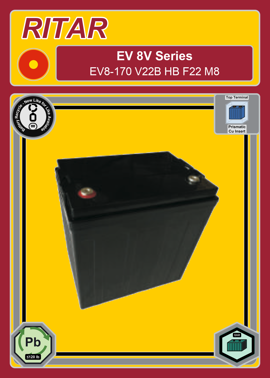 Battery Recycle Ritar EV Series EV8 170 V22B HB F22 M8