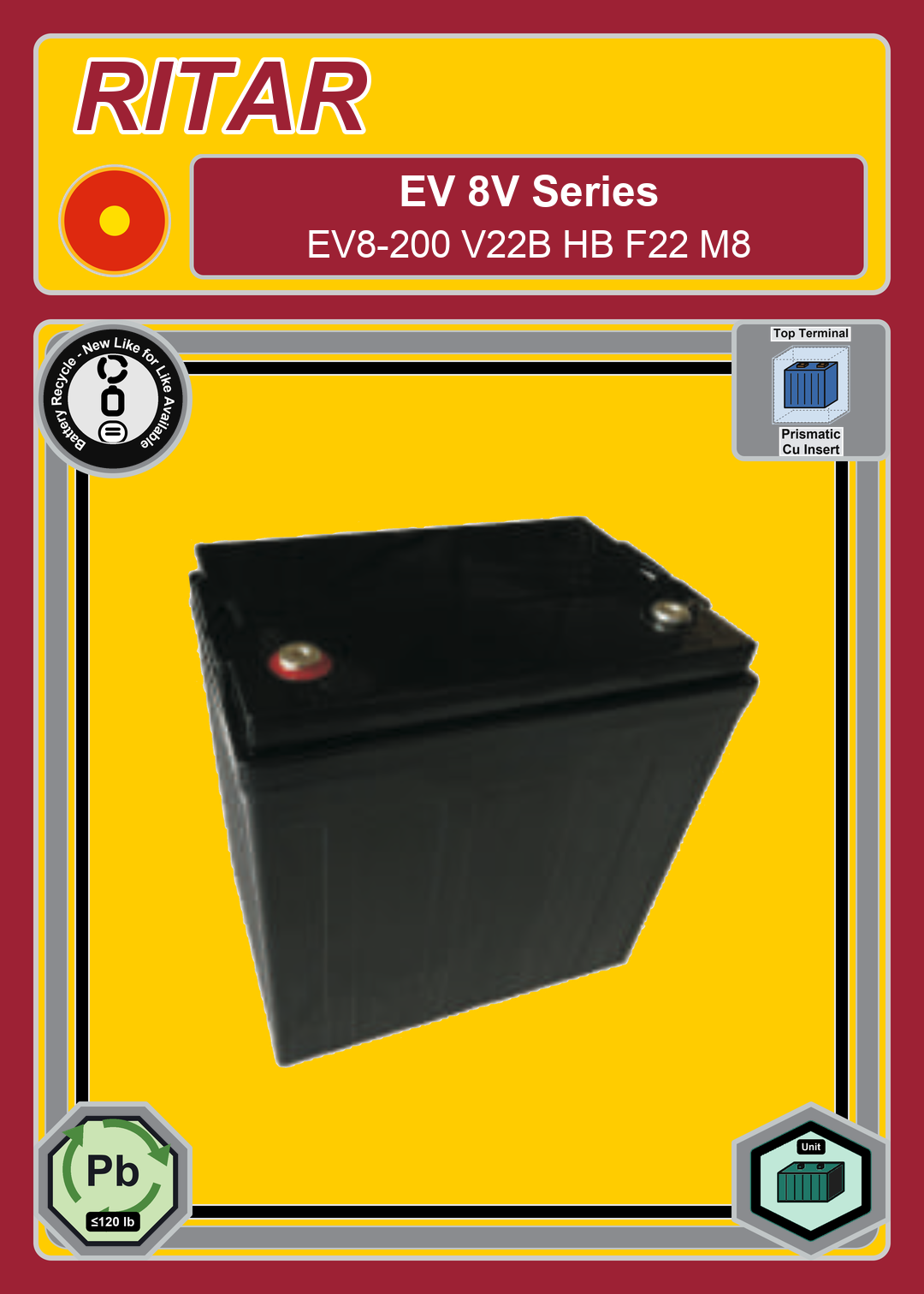 Battery Recycle Ritar EV Series EV8 200 V22B HB F22 M8