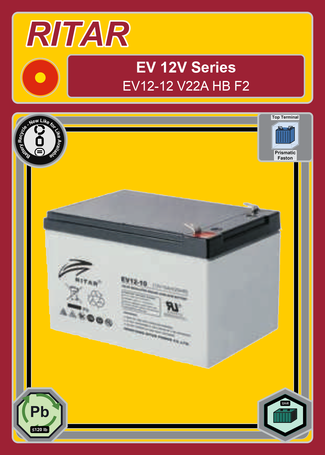 Battery Recycle Ritar EV Series EV12 12 V22A HB F2