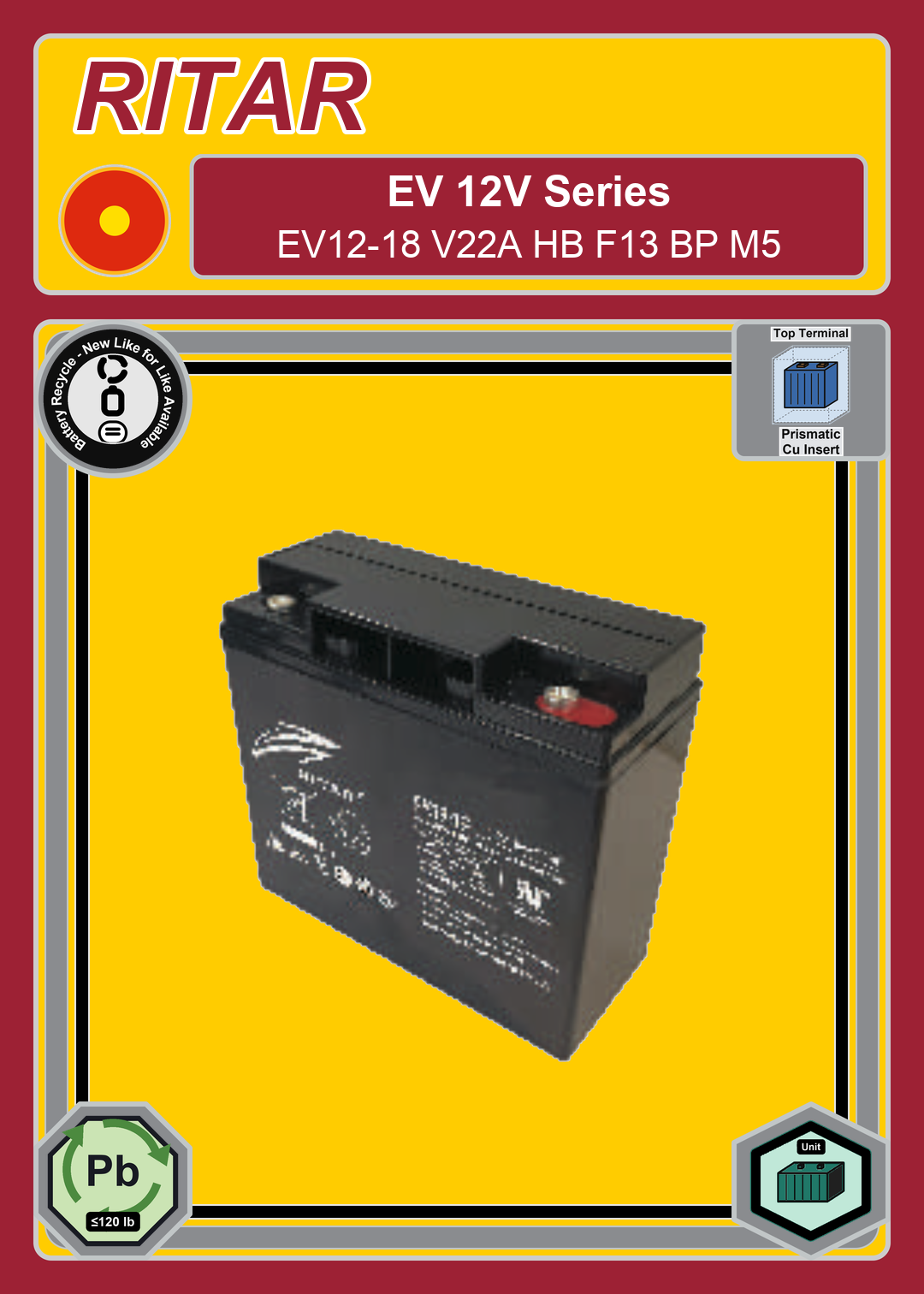 Battery Recycle Ritar EV Series EV12 18 V22A HB F13 BP M5