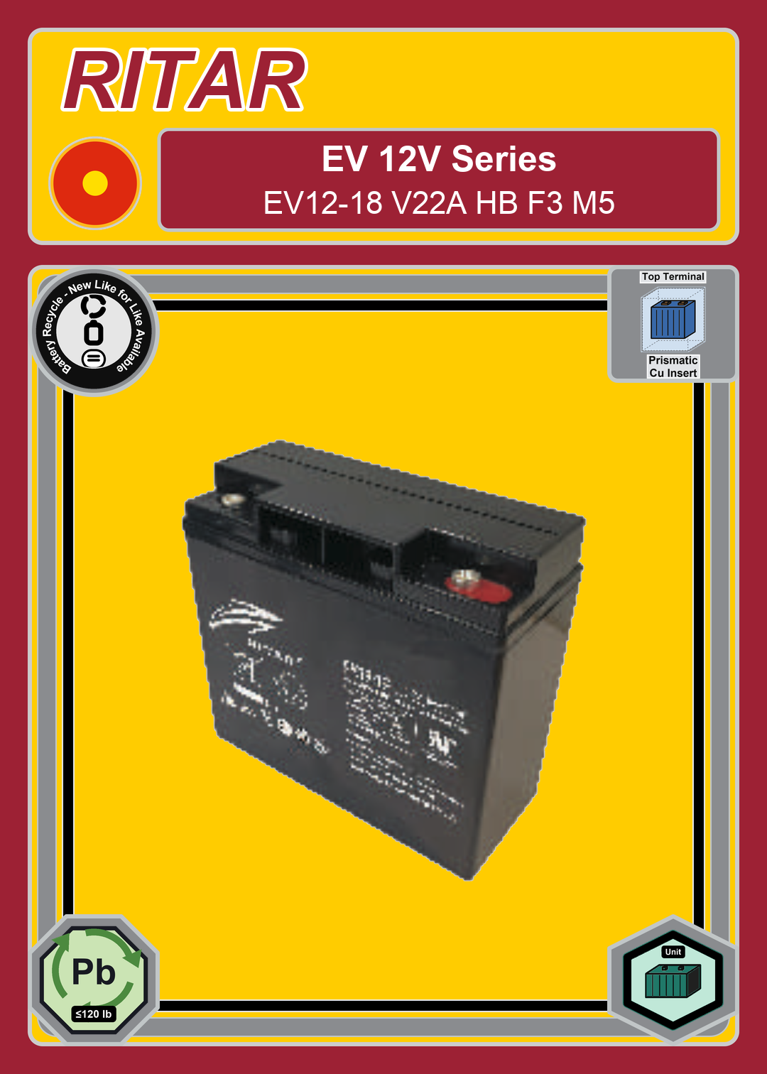Battery Recycle Ritar EV Series EV12 18 V22A HB F3 M5