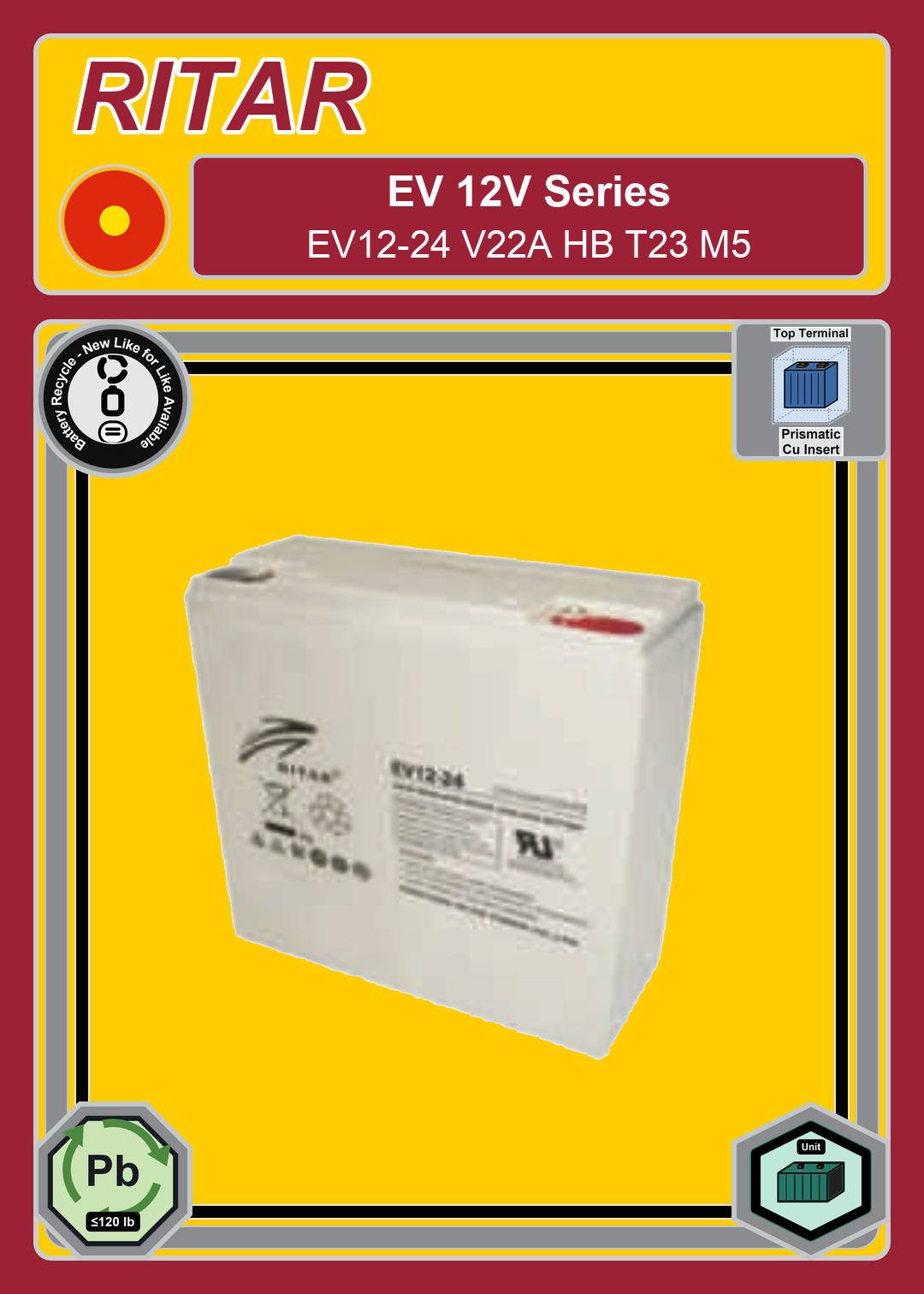 Battery Recycle Ritar EV Series EV12 24 V22A HB T23 M5