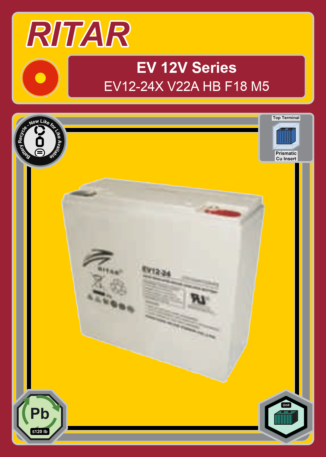 Battery Recycle Ritar EV Series EV12 24X V22A HB F18 M5