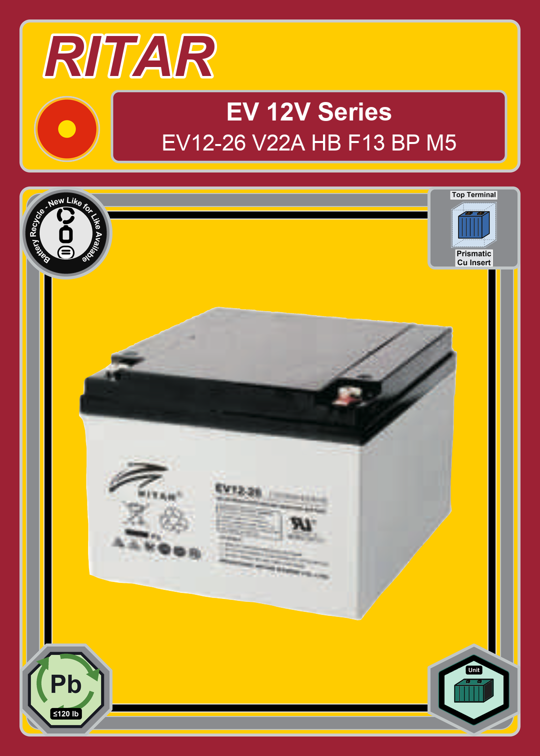 Battery Recycle Ritar EV Series EV12 26 V22A HB F13 BP M5