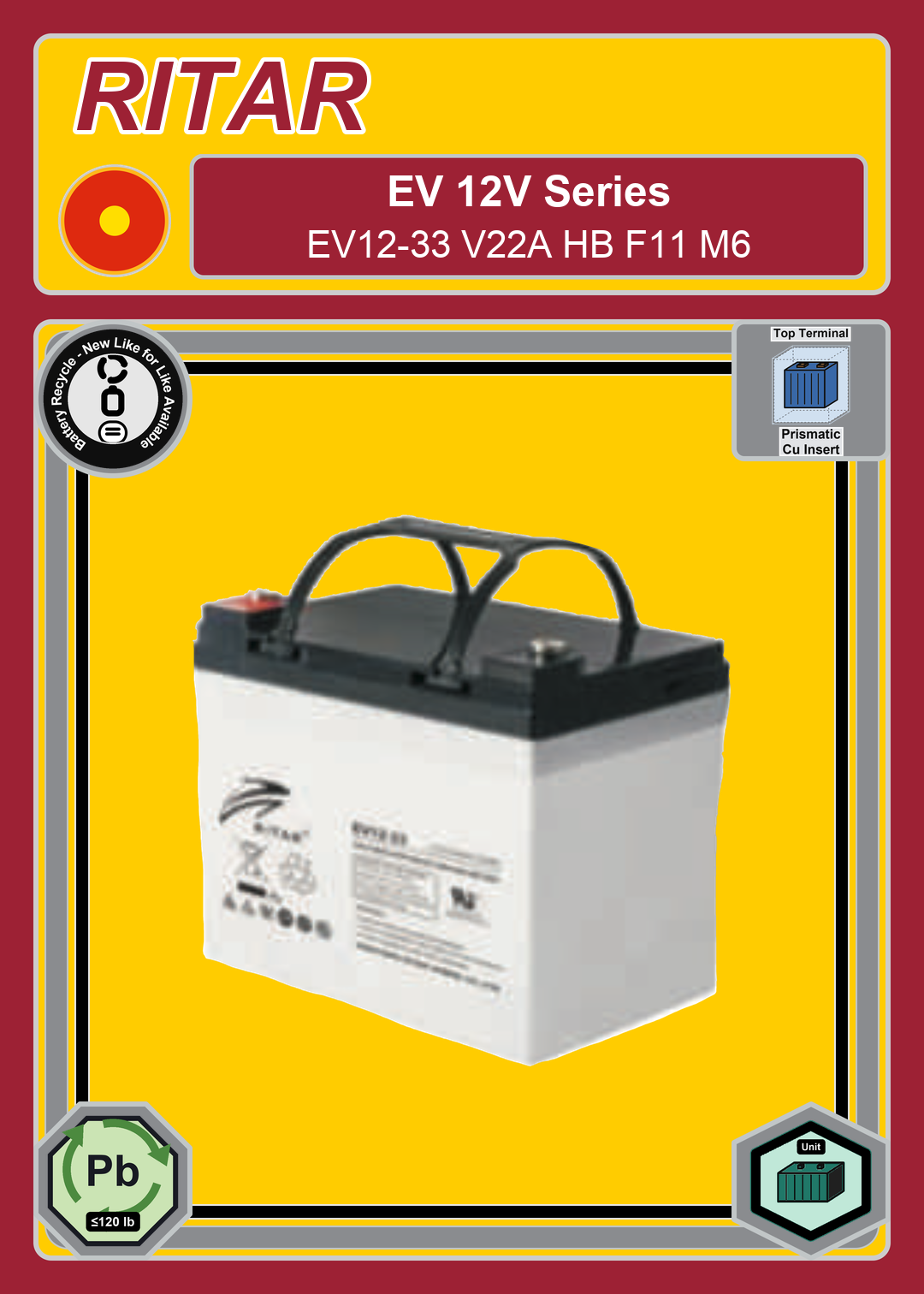 Battery Recycle Ritar EV Series EV12 33 V22A HB F11 M6