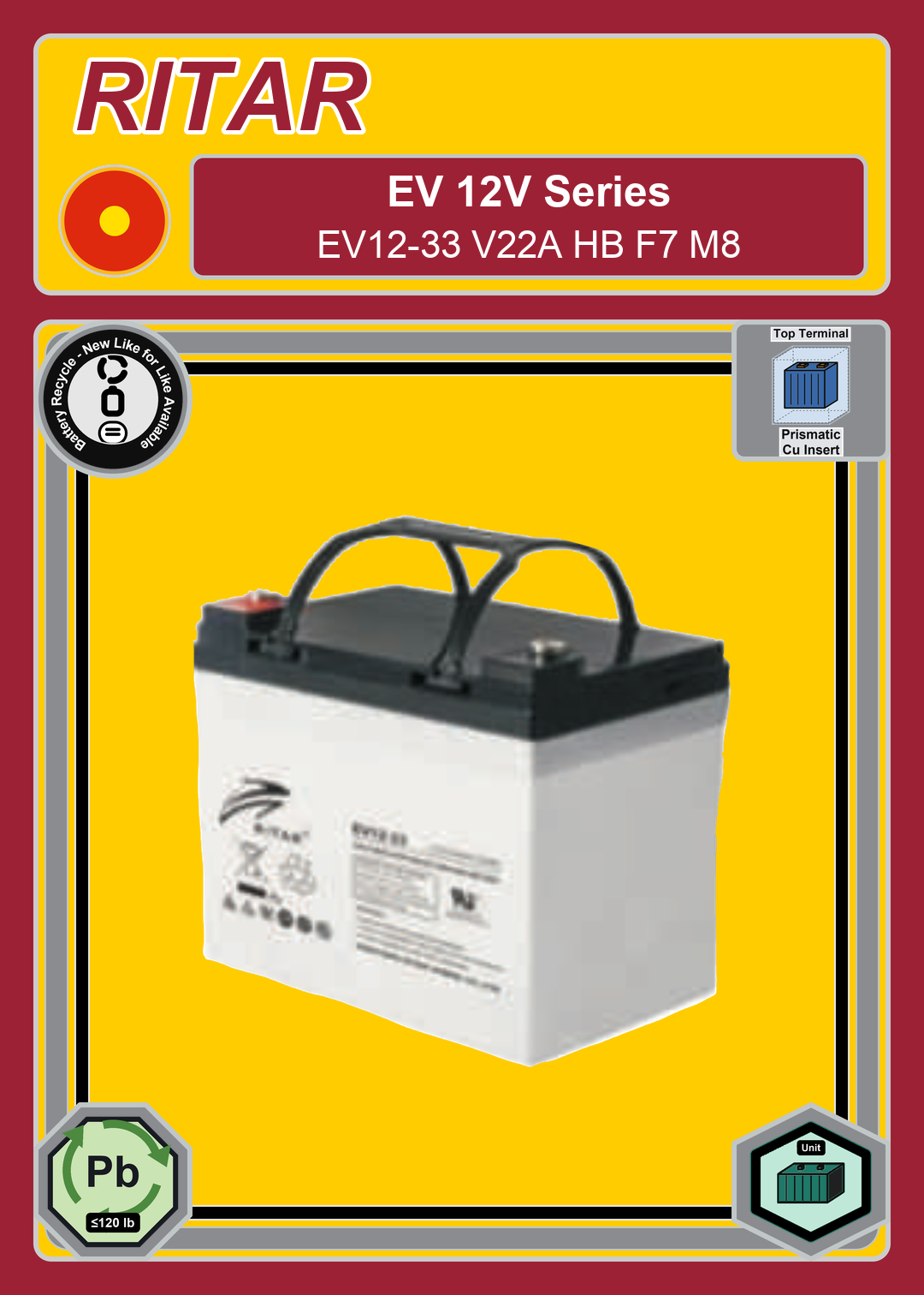 Battery Recycle Ritar EV Series EV12 33 V22A HB F7 M8