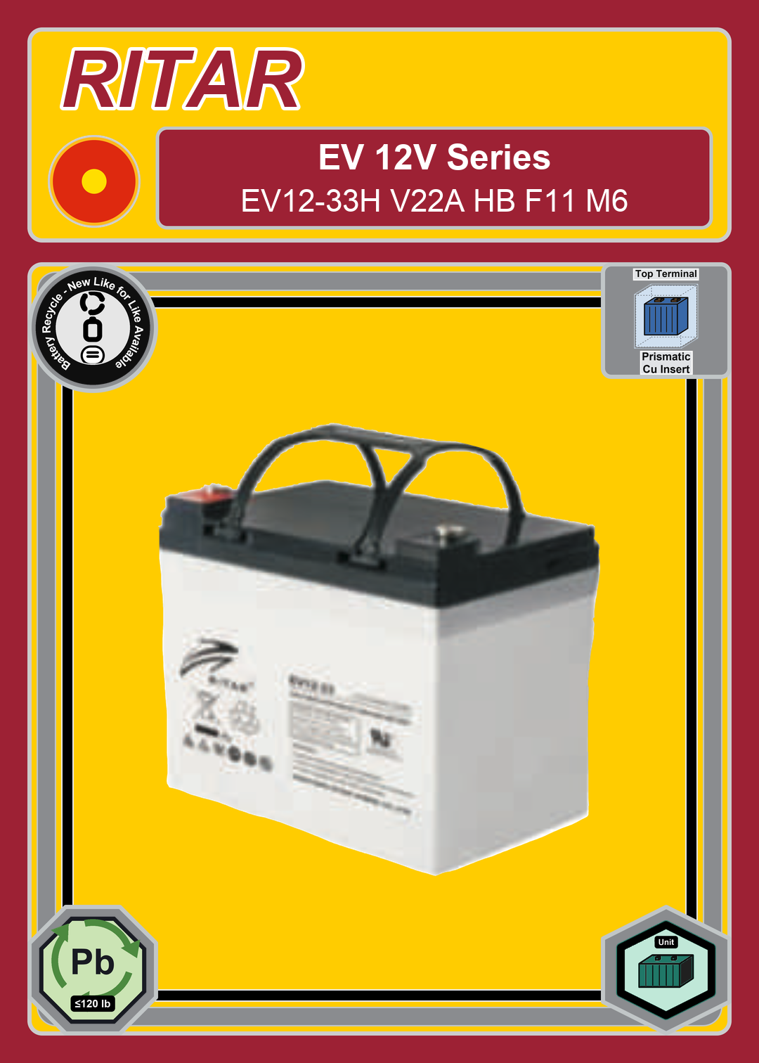 Battery Recycle Ritar EV Series EV12 33H V22A HB F11 M6