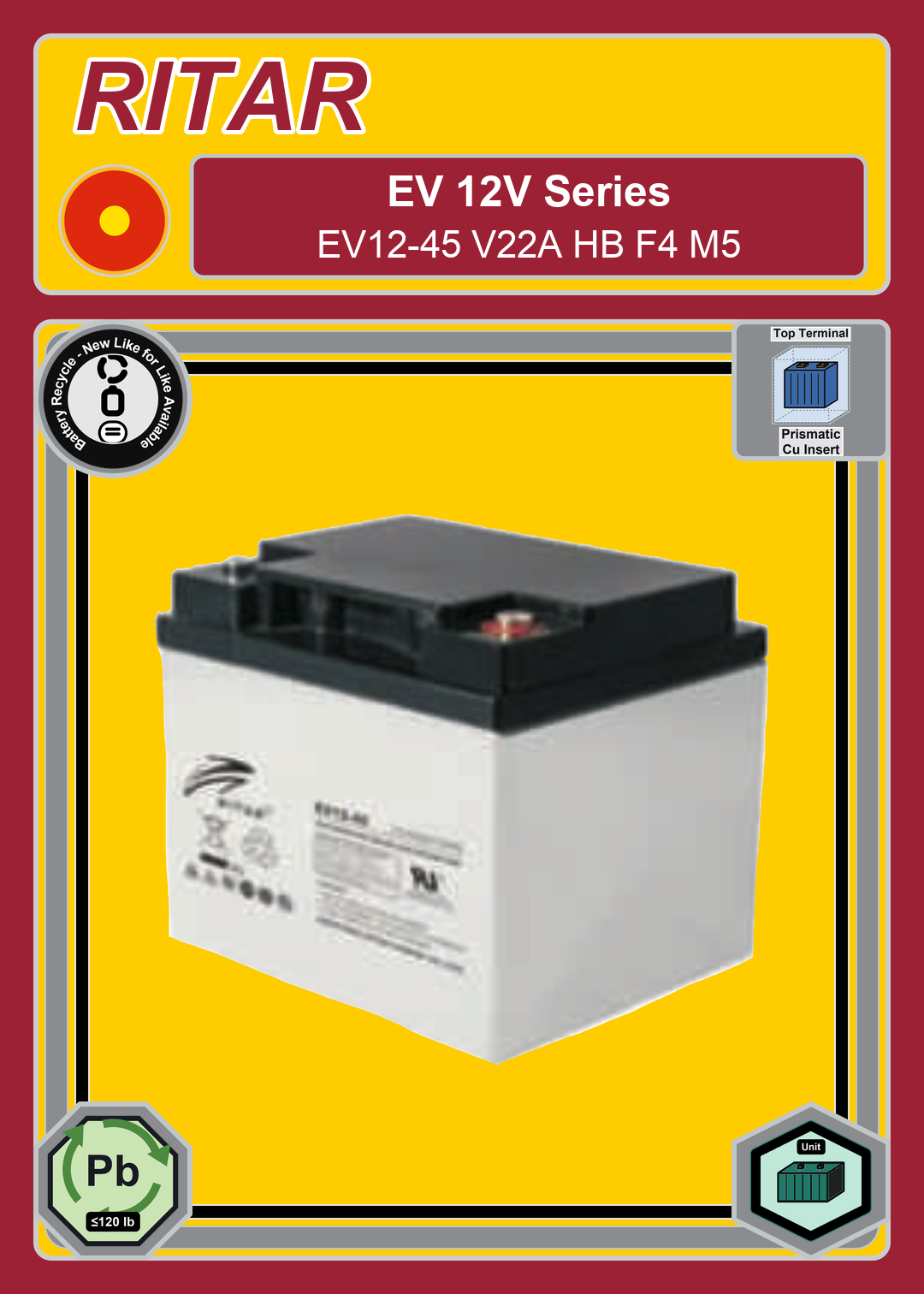 Battery Recycle Ritar EV Series EV12 45 V22A HB F4 M5