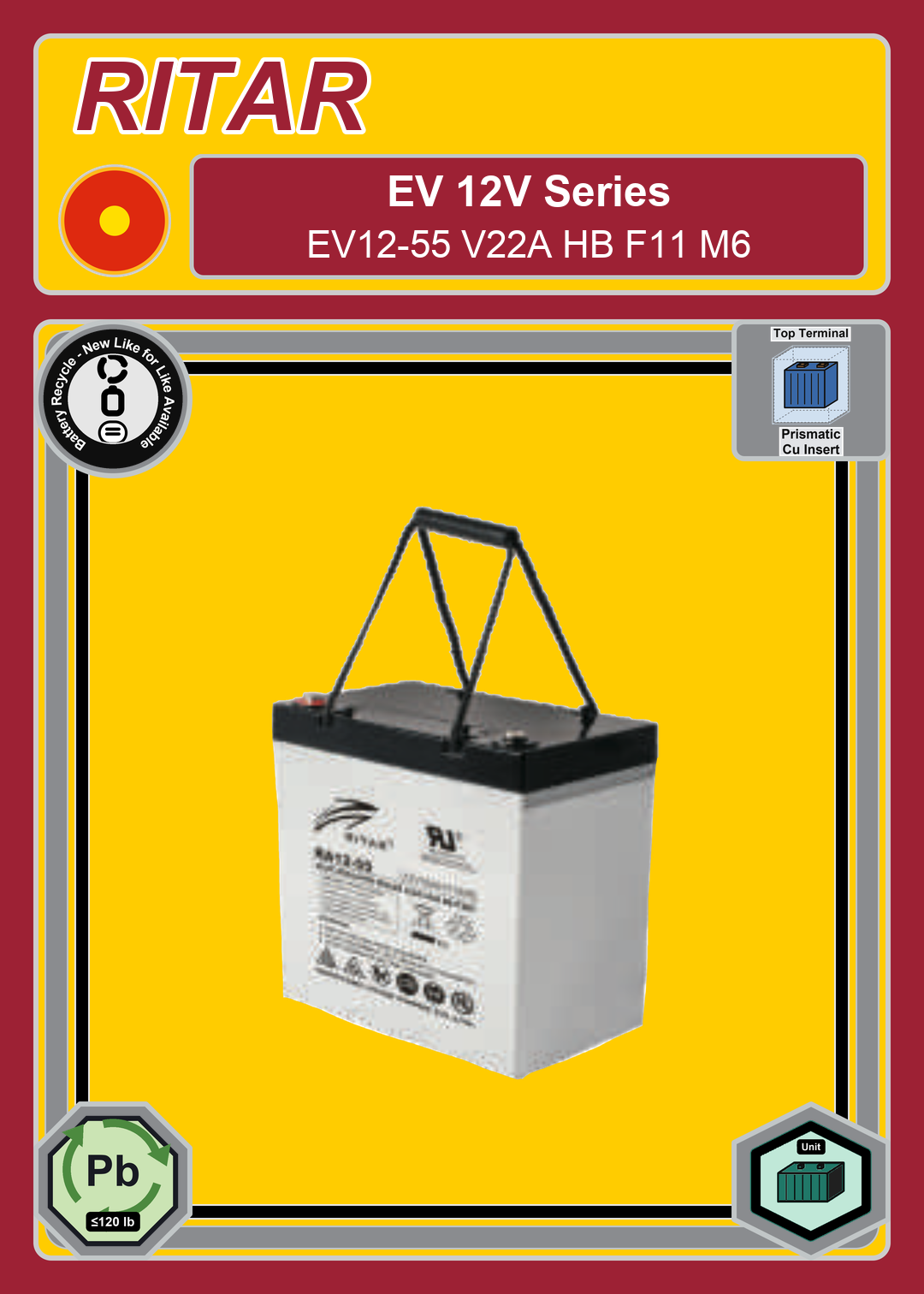 Battery Recycle Ritar EV Series EV12 55 V22A HB F11 M6