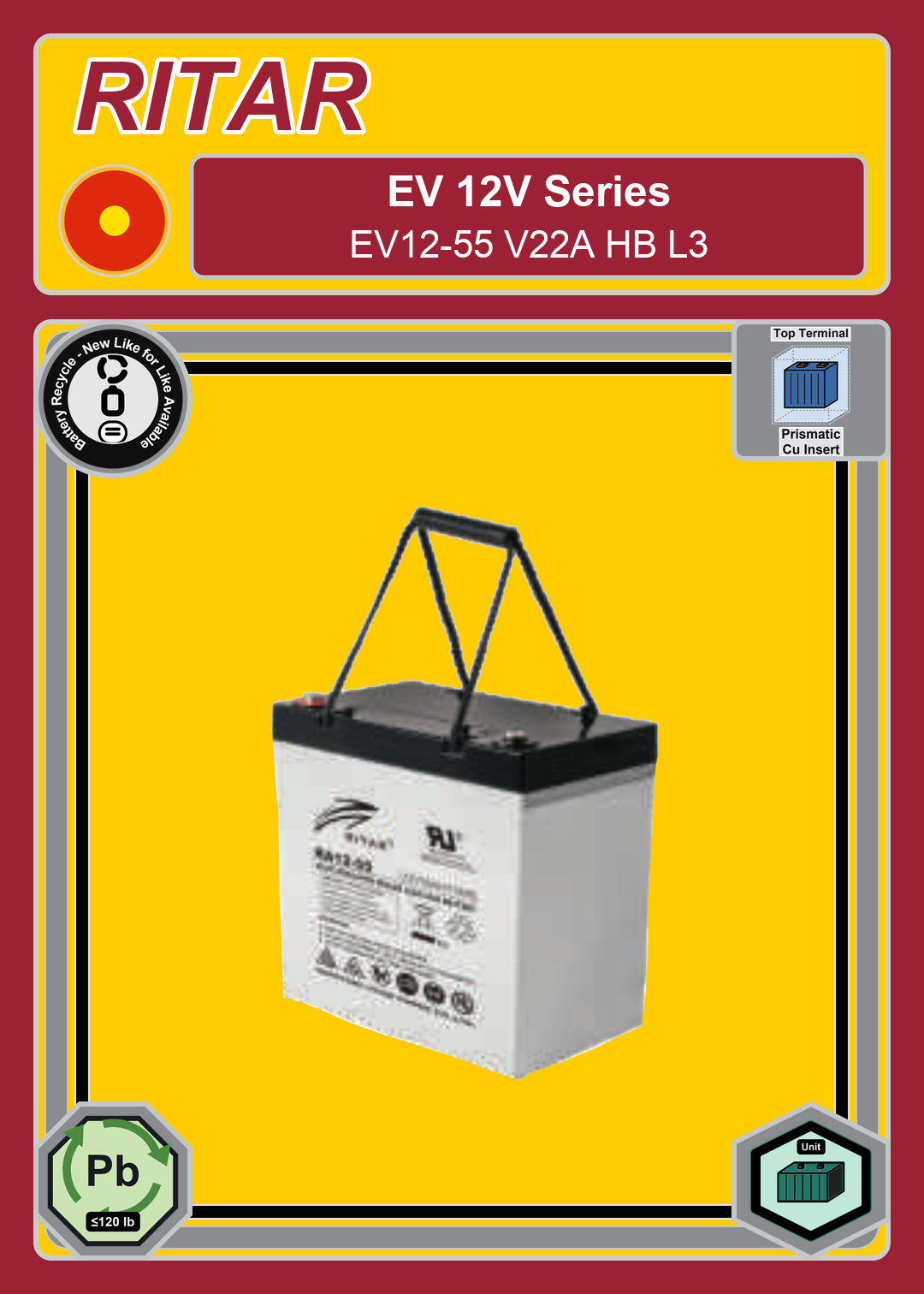 Battery Recycle Ritar EV Series EV12 55 V22A HB L3