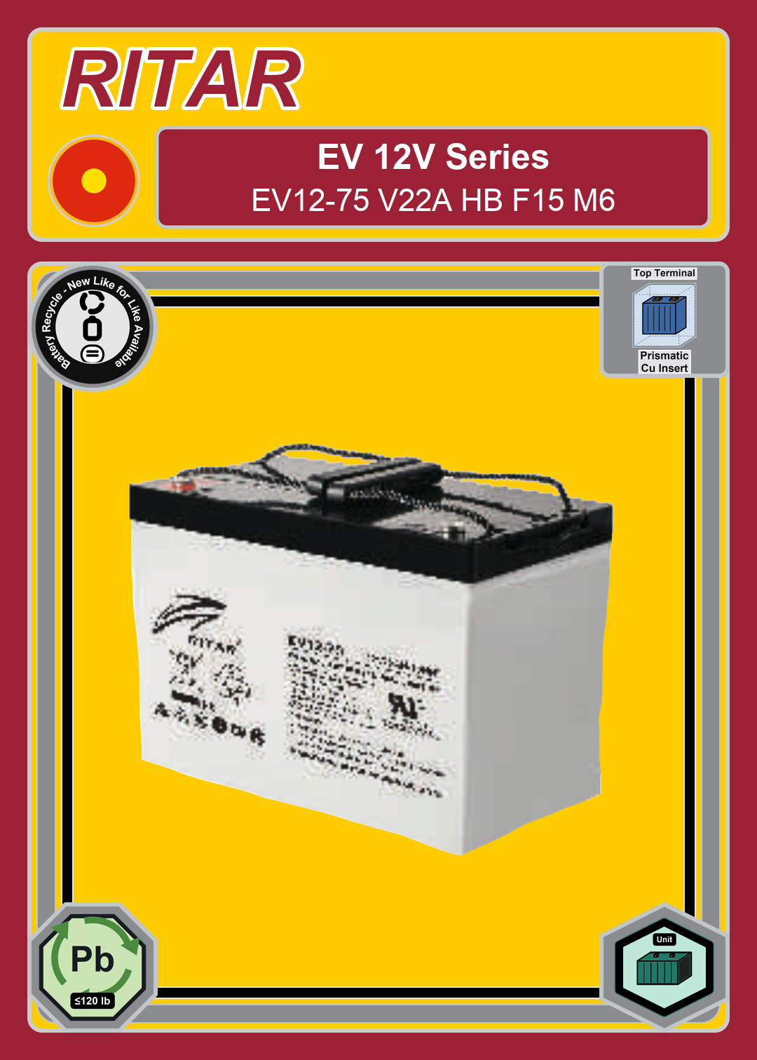 Battery Recycle Ritar EV Series EV12 75 V22A HB F15 M6