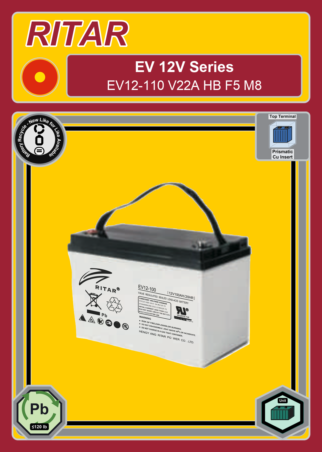 Battery Recycle Ritar EV Series EV12 110 V22A HB F5 M8