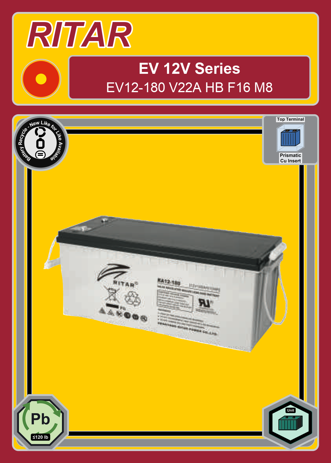 Battery Recycle Ritar EV Series EV12 180 V22A HB F16 M8