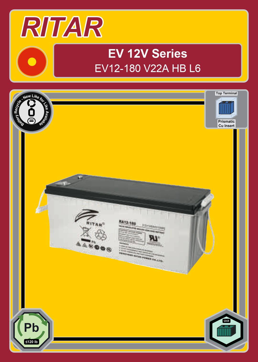 Battery Recycle Ritar EV Series EV12 180 V22A HB L6