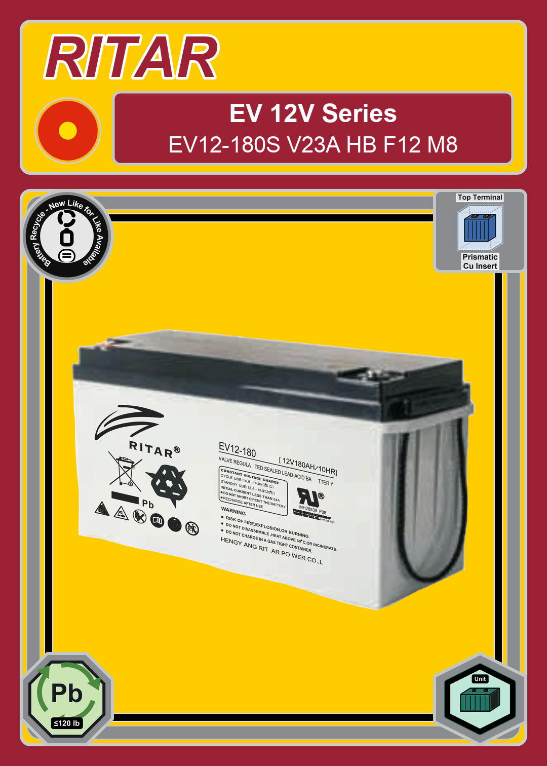 Battery Recycle Ritar EV Series EV12 180S V23A HB F12 M8
