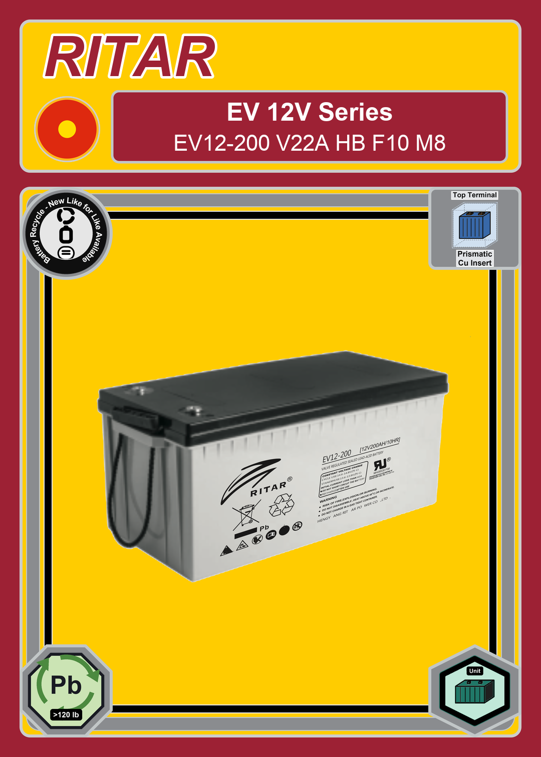 Battery Recycle Ritar EV Series EV12 200 V22A HB F10 M8