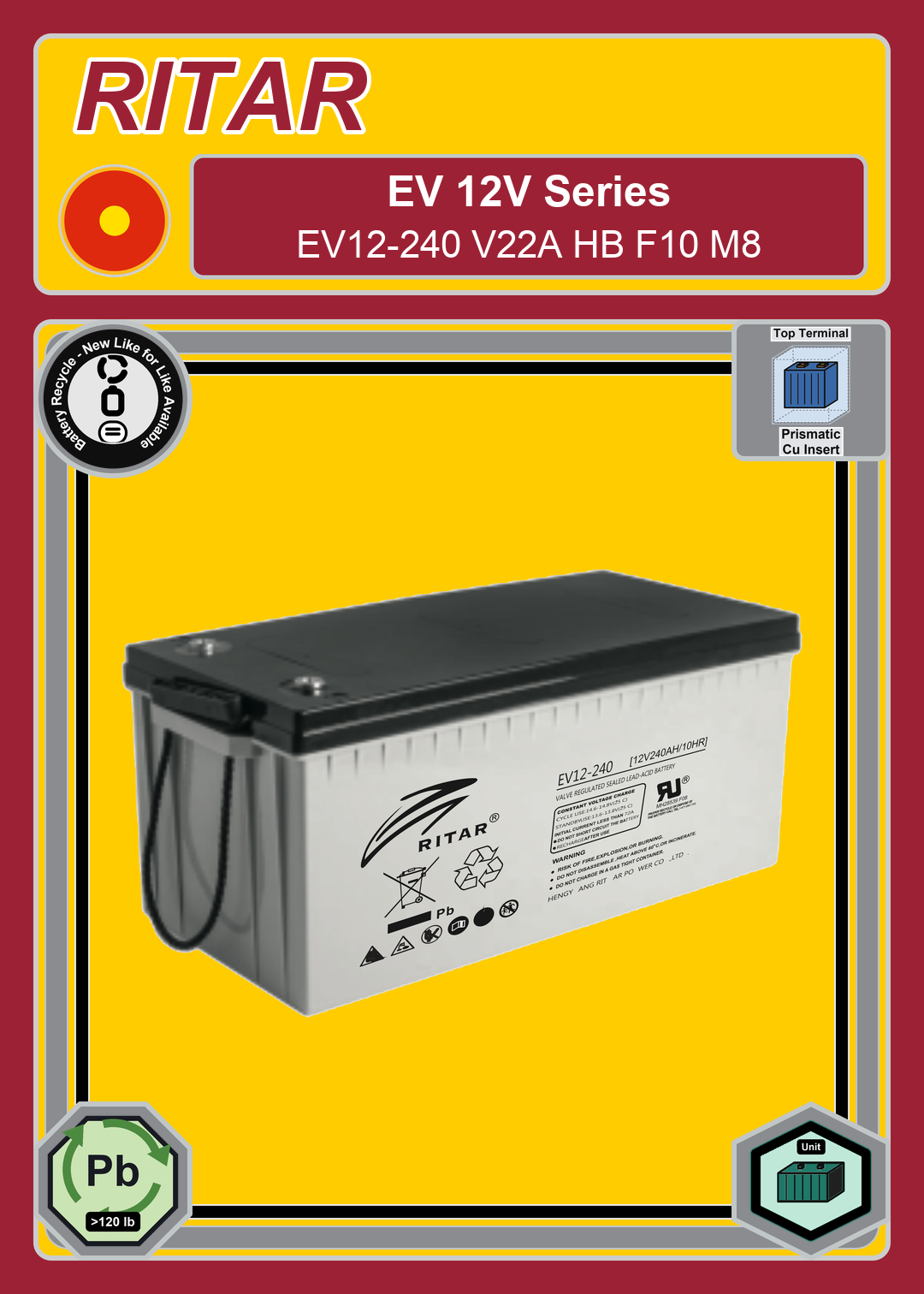 Battery Recycle Ritar EV Series EV12 240 V22A HB F10 M8