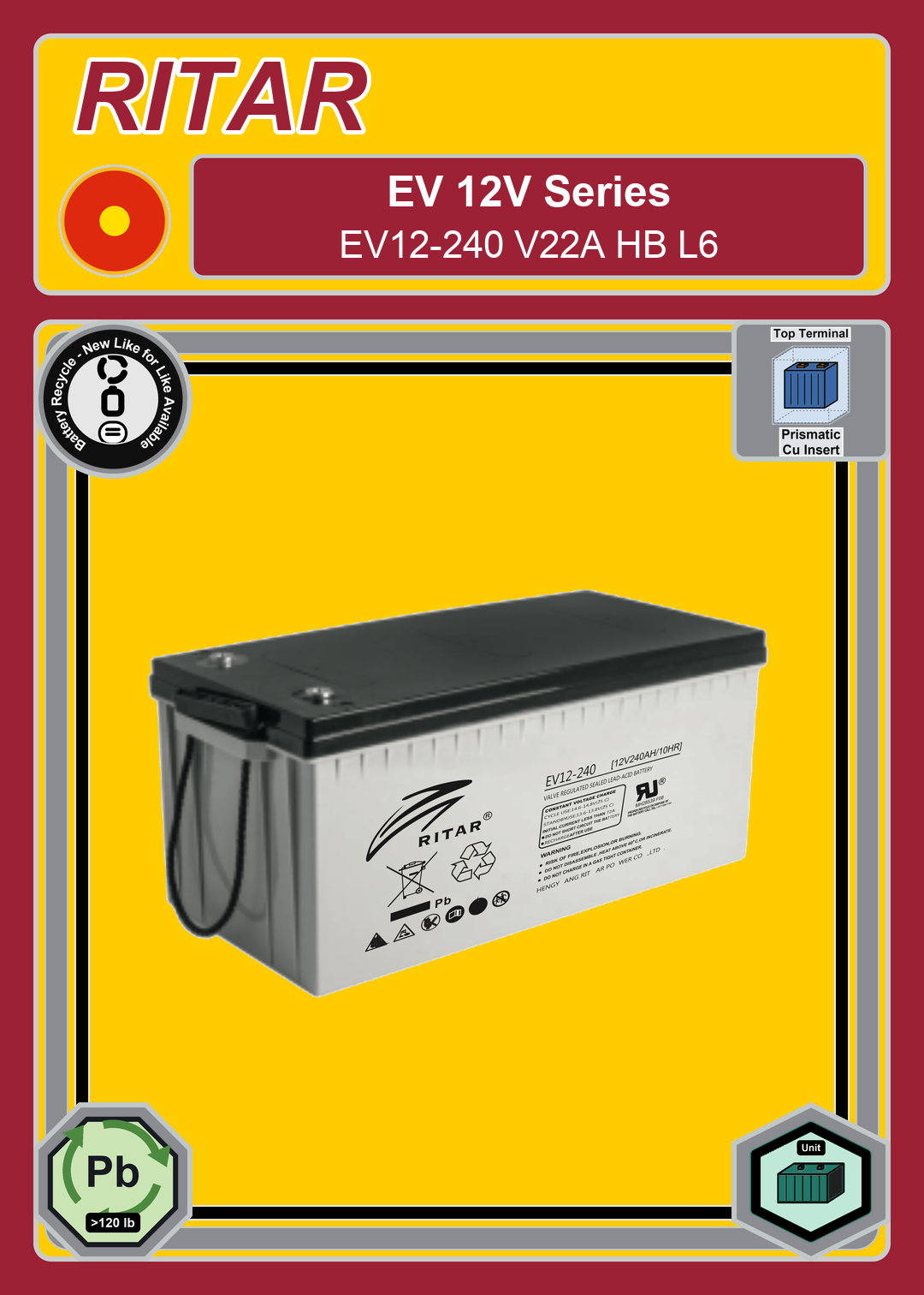Battery Recycle Ritar EV Series EV12 240 V22A HB L6