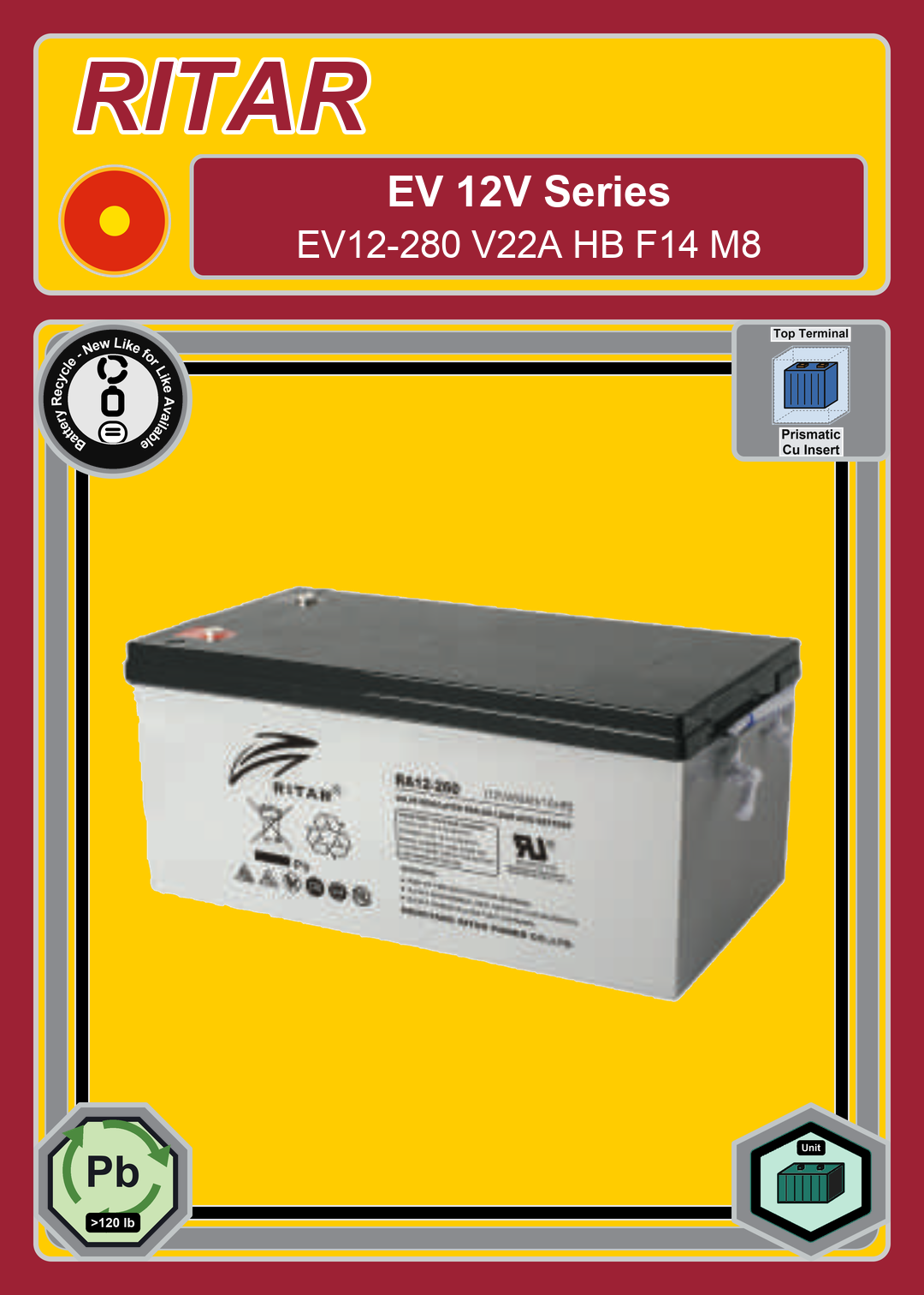 Battery Recycle Ritar EV Series EV12 280 V22A HB F14 M8