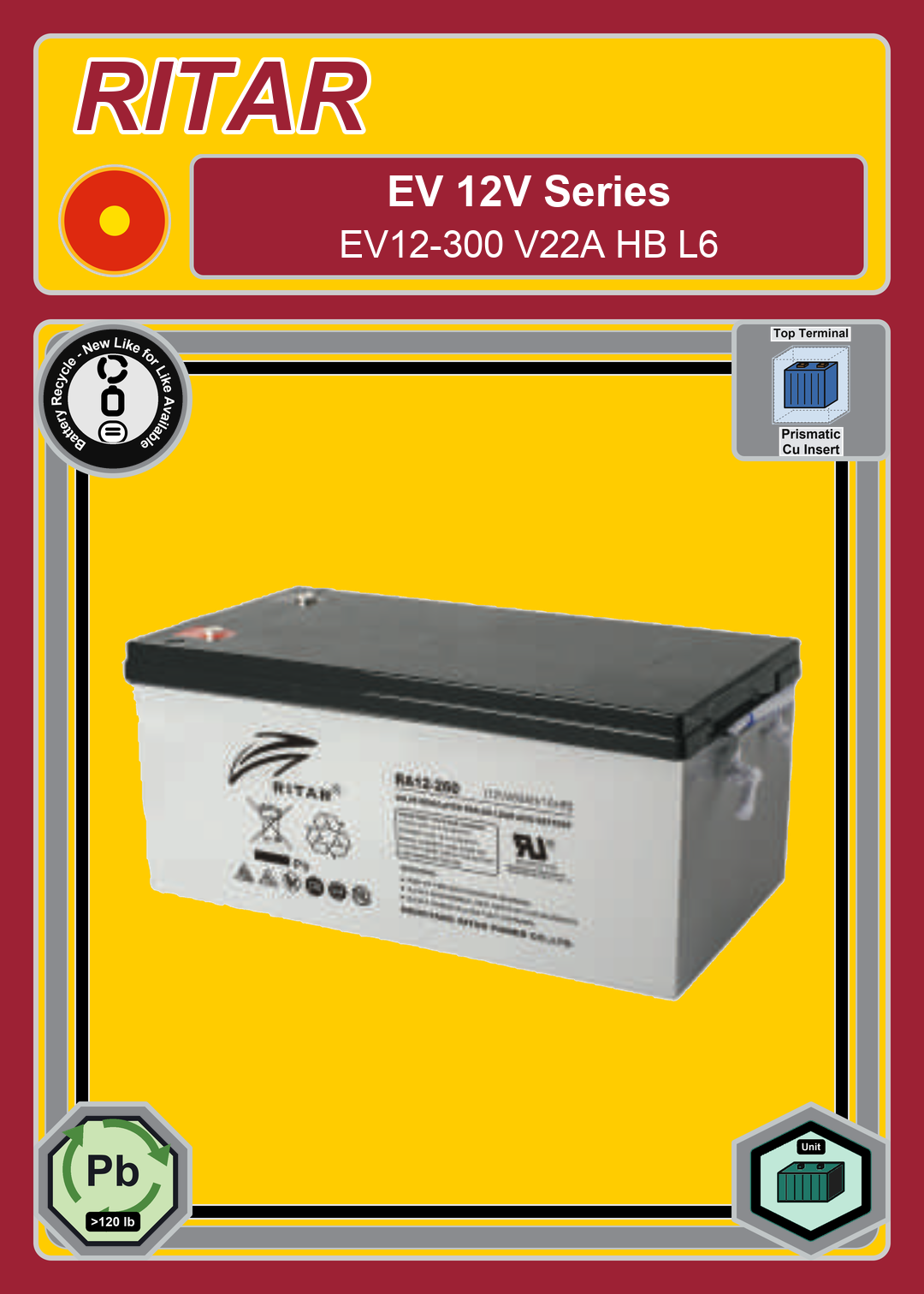 Battery Recycle Ritar EV Series EV12 300 V22A HB L6