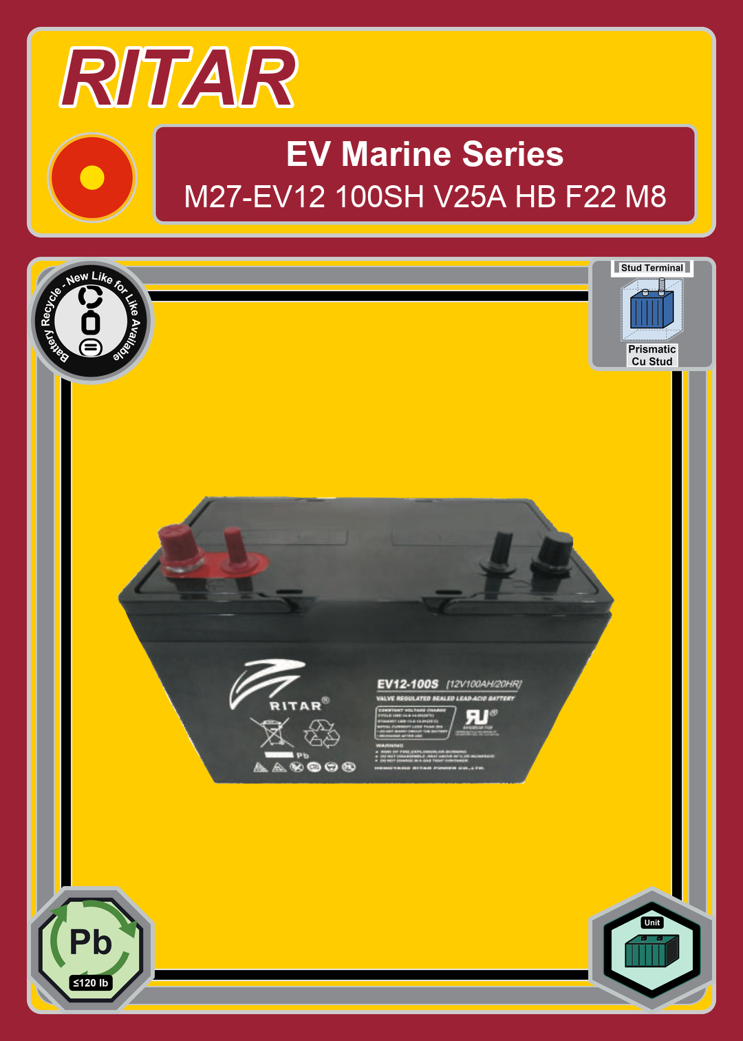 Battery Recycle Ritar EV Marine Series M27 EV12 100SH V25A HB F22 M8