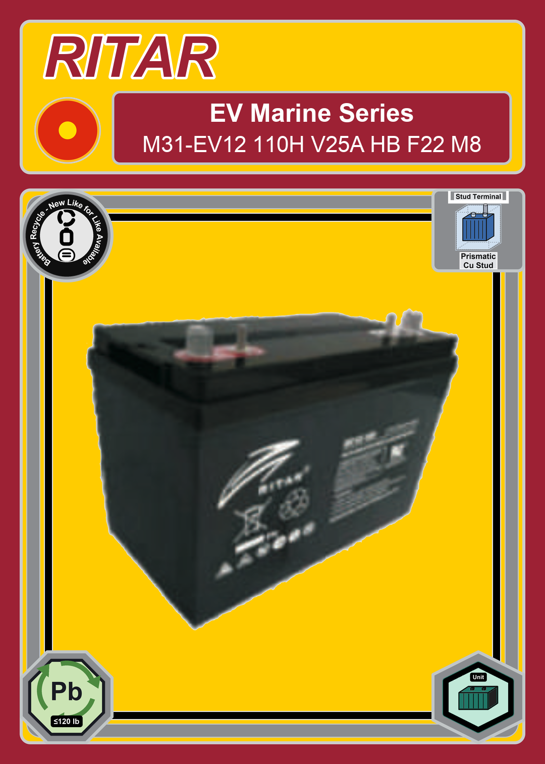 Battery Recycle Ritar EV Marine Series M31 EV12 110H V25A HB F22 M8