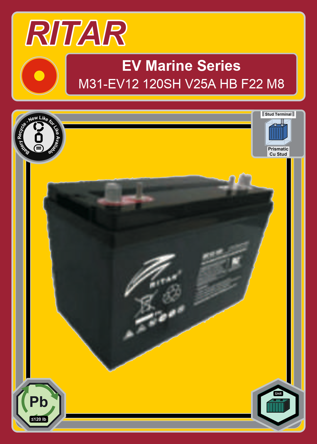 Battery Recycle Ritar EV Marine Series M31 EV12 120SH V25A HB F22 M8