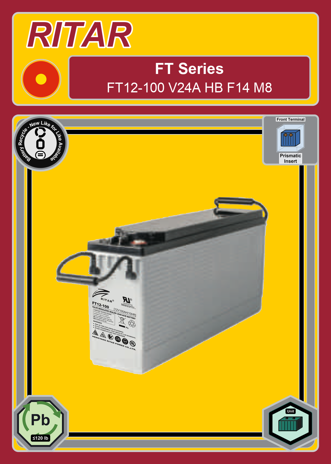Battery Recycle Ritar FT Series FT12 100 V24A HB F14 M8