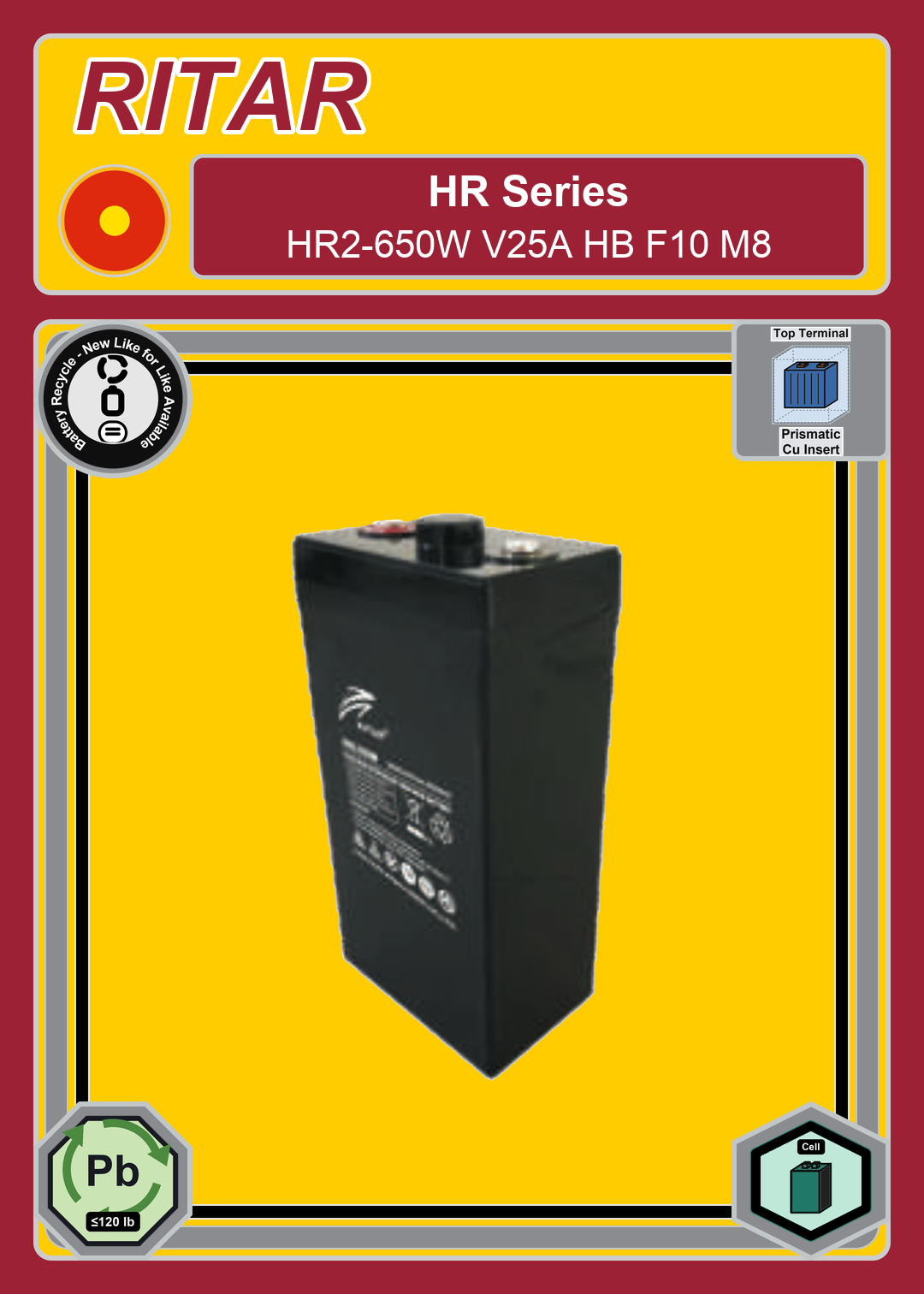 Battery Recycle Ritar HR Series HR2 650W V25A HB F10 M8