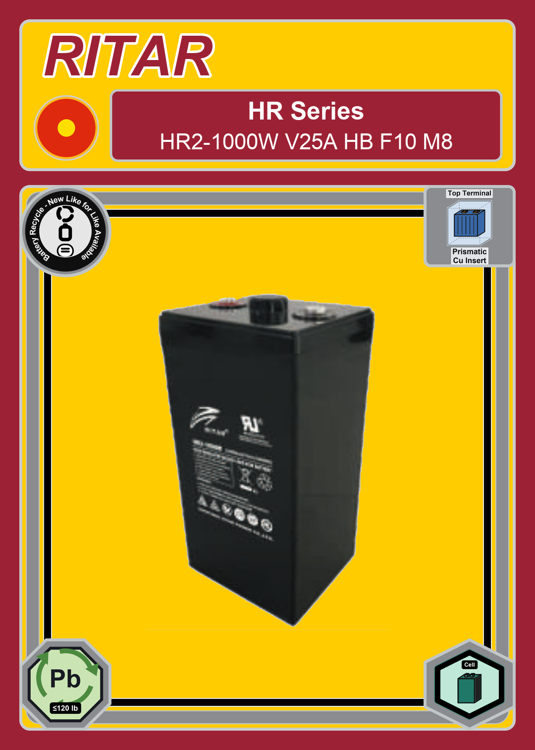 Battery Recycle Ritar HR Series HR2 1000W V25A HB F10 M8