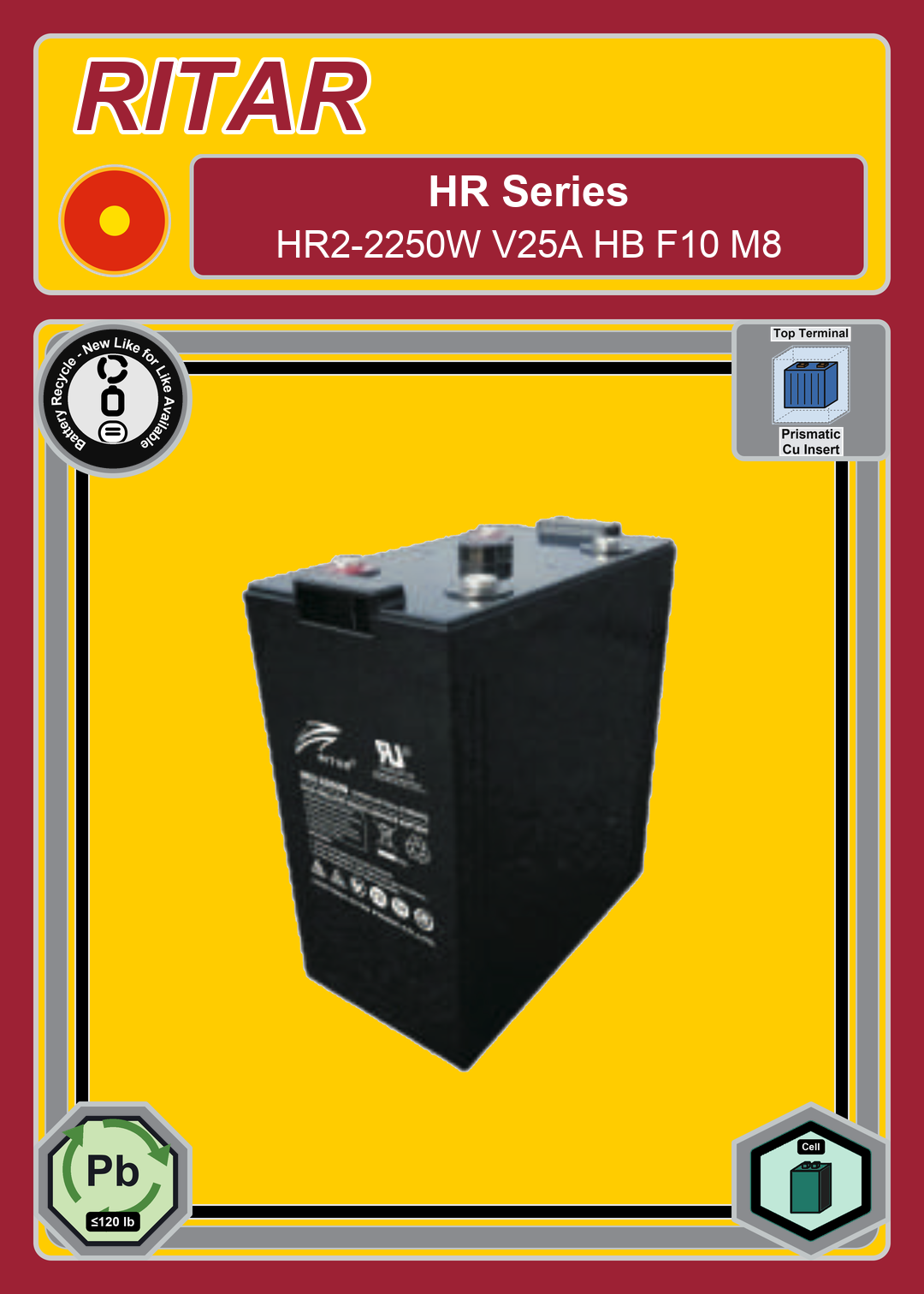 Battery Recycle Ritar HR Series HR2 2250W V25A HB F10 M8