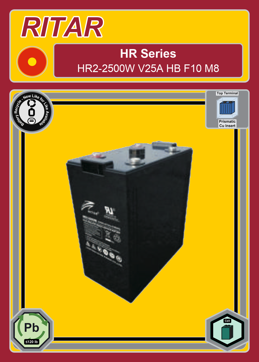 Battery Recycle Ritar HR Series HR2 2500W V25A HB F10 M8