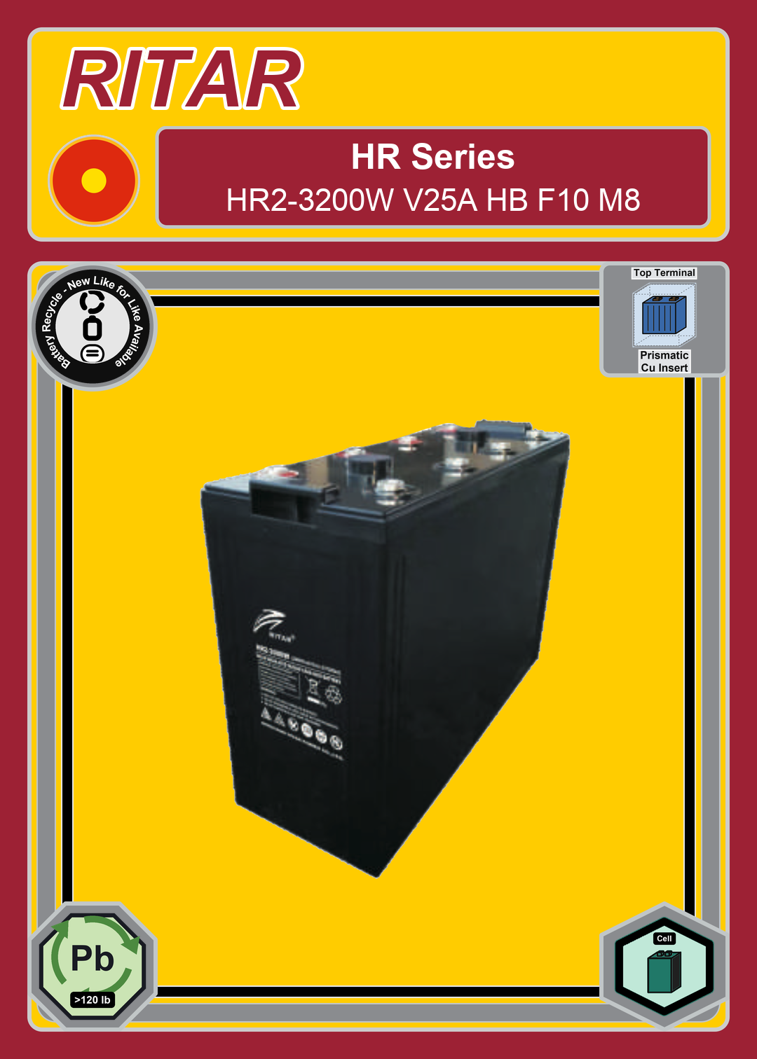 Battery Recycle Ritar HR Series HR2 3200W V25A HB F10 M8