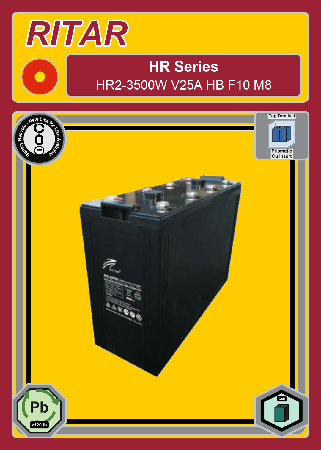 Battery Recycle Ritar HR Series HR2 3500W V25A HB F10 M8