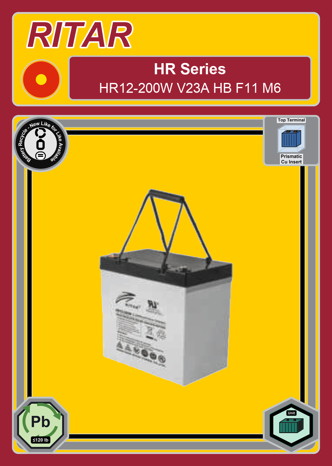 Battery Recycle Ritar HR Series HR12 200W V23A HB F11 M6
