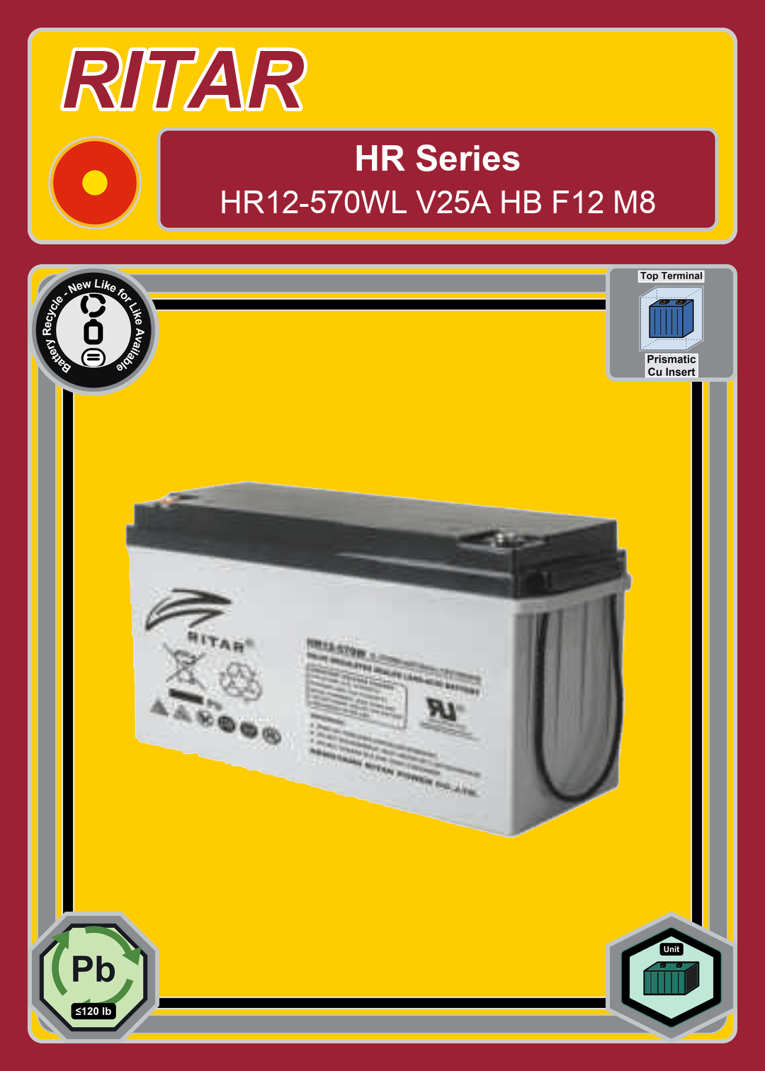 Battery Recycle Ritar HR Series HR12 570WL V25A HB F12 M8