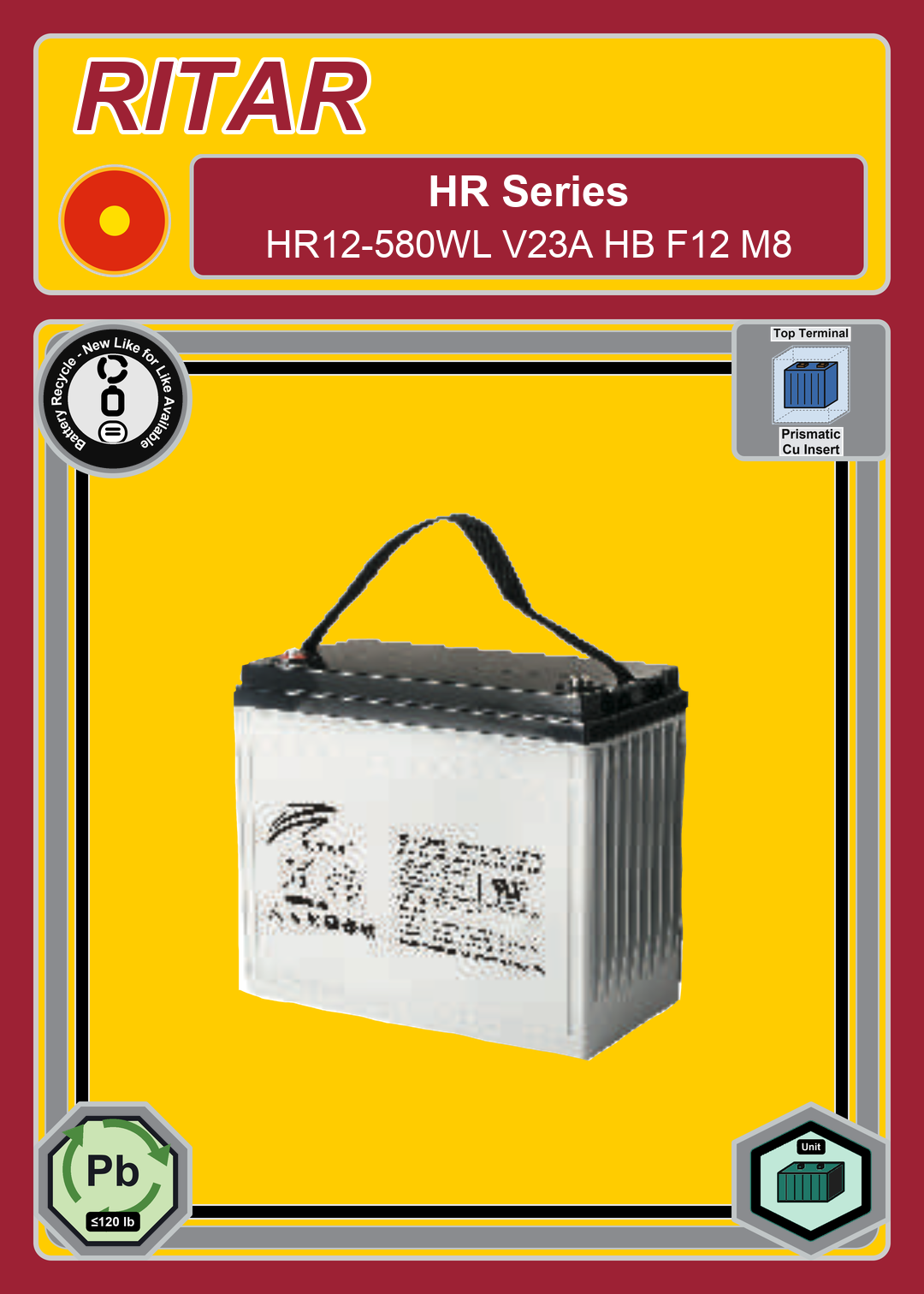 Battery Recycle Ritar HR Series HR12 580WL V23A HB F12 M8