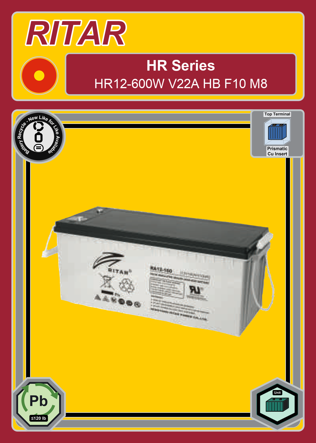 Battery Recycle Ritar HR Series HR12 600W V22A HB F10 M8
