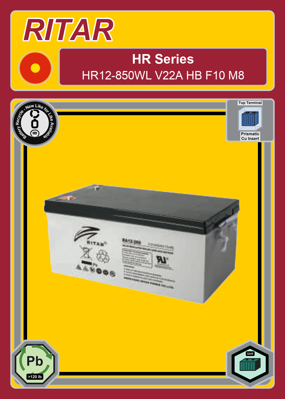 Battery Recycle Ritar HR Series HR12 850WL V22A HB F10 M8